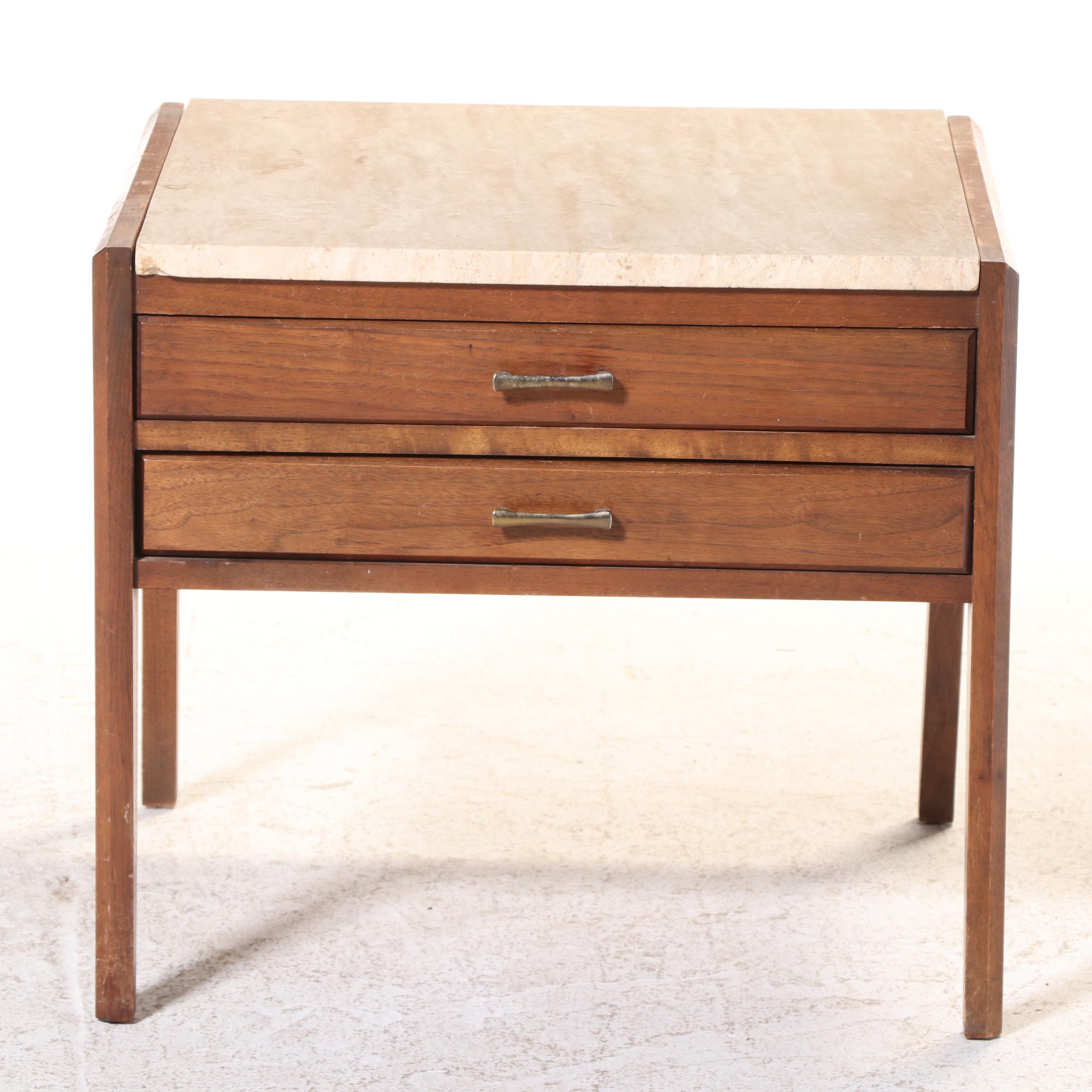 Hammary Mid Century Modern Walnut and Travertine Top Side Table