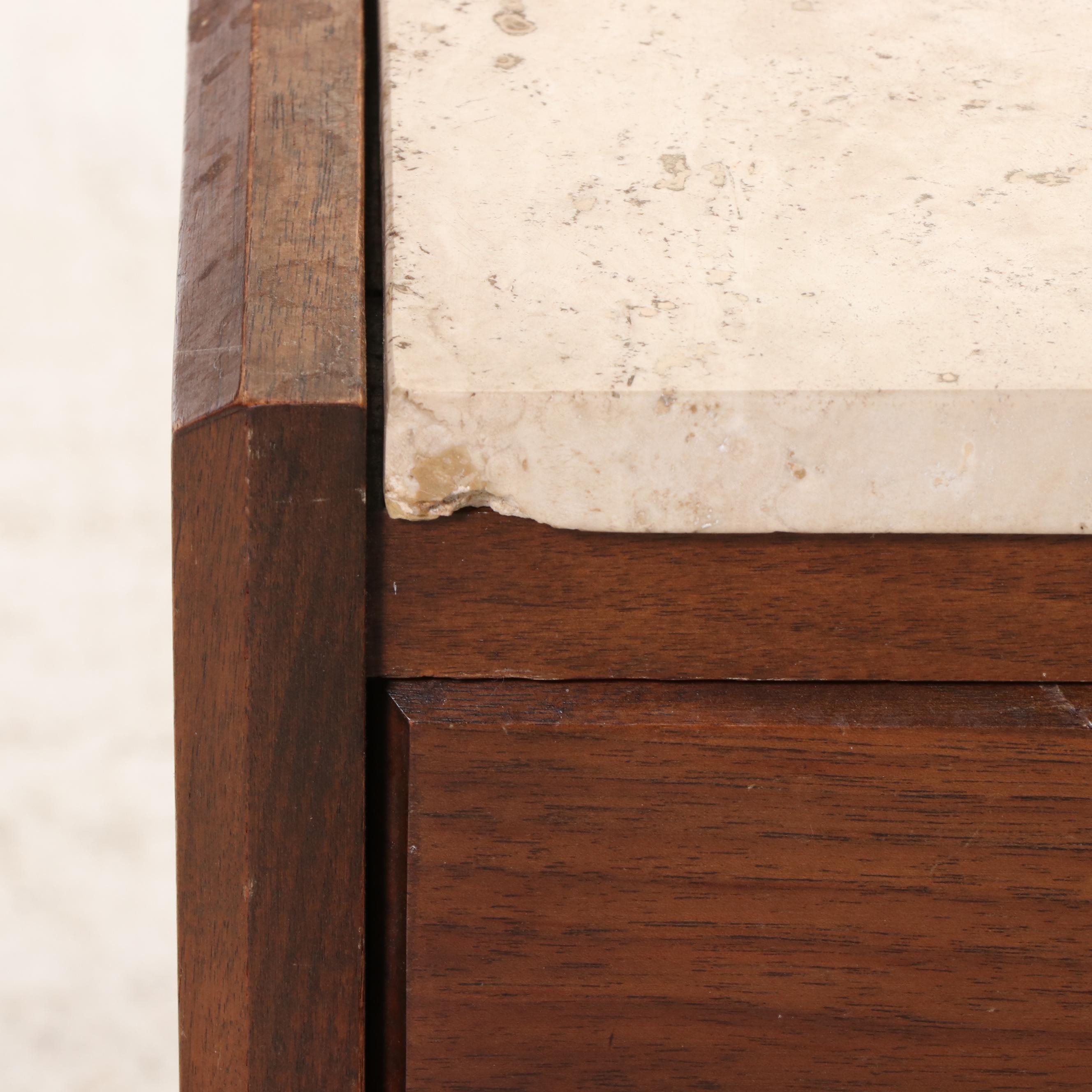 Hammary Mid Century Modern Walnut and Travertine Top Side Table