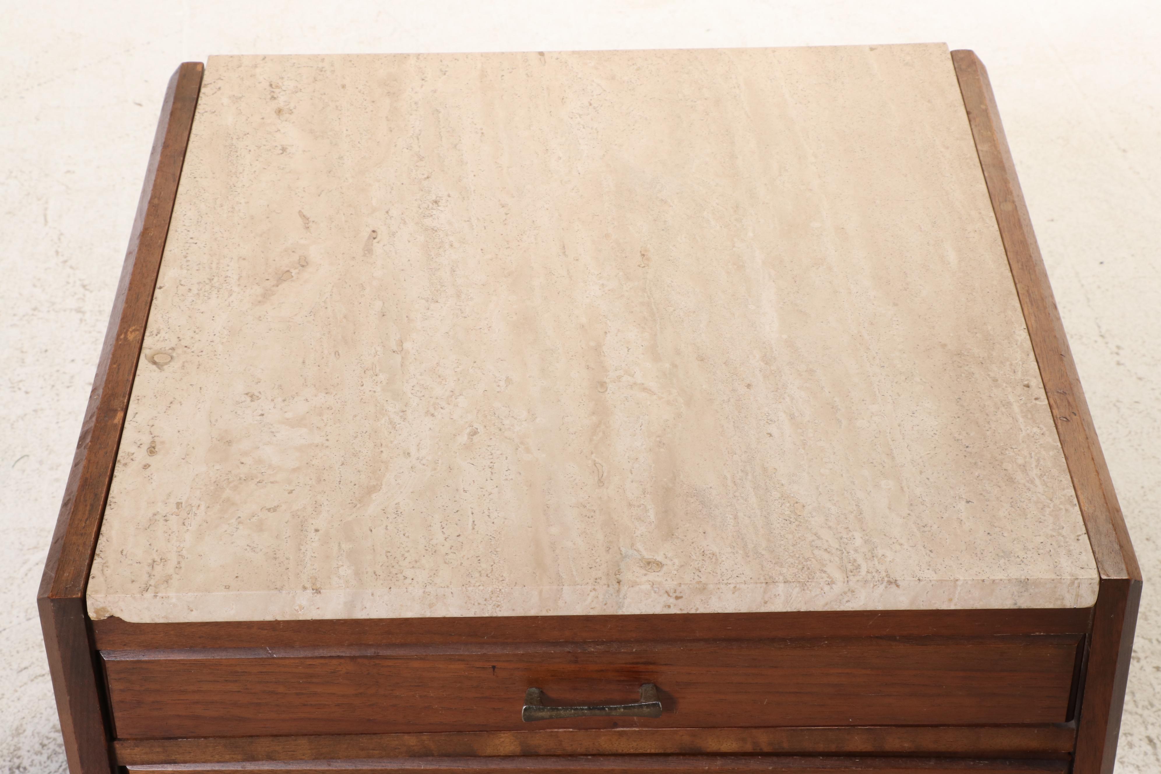 Hammary Mid Century Modern Walnut and Travertine Top Side Table