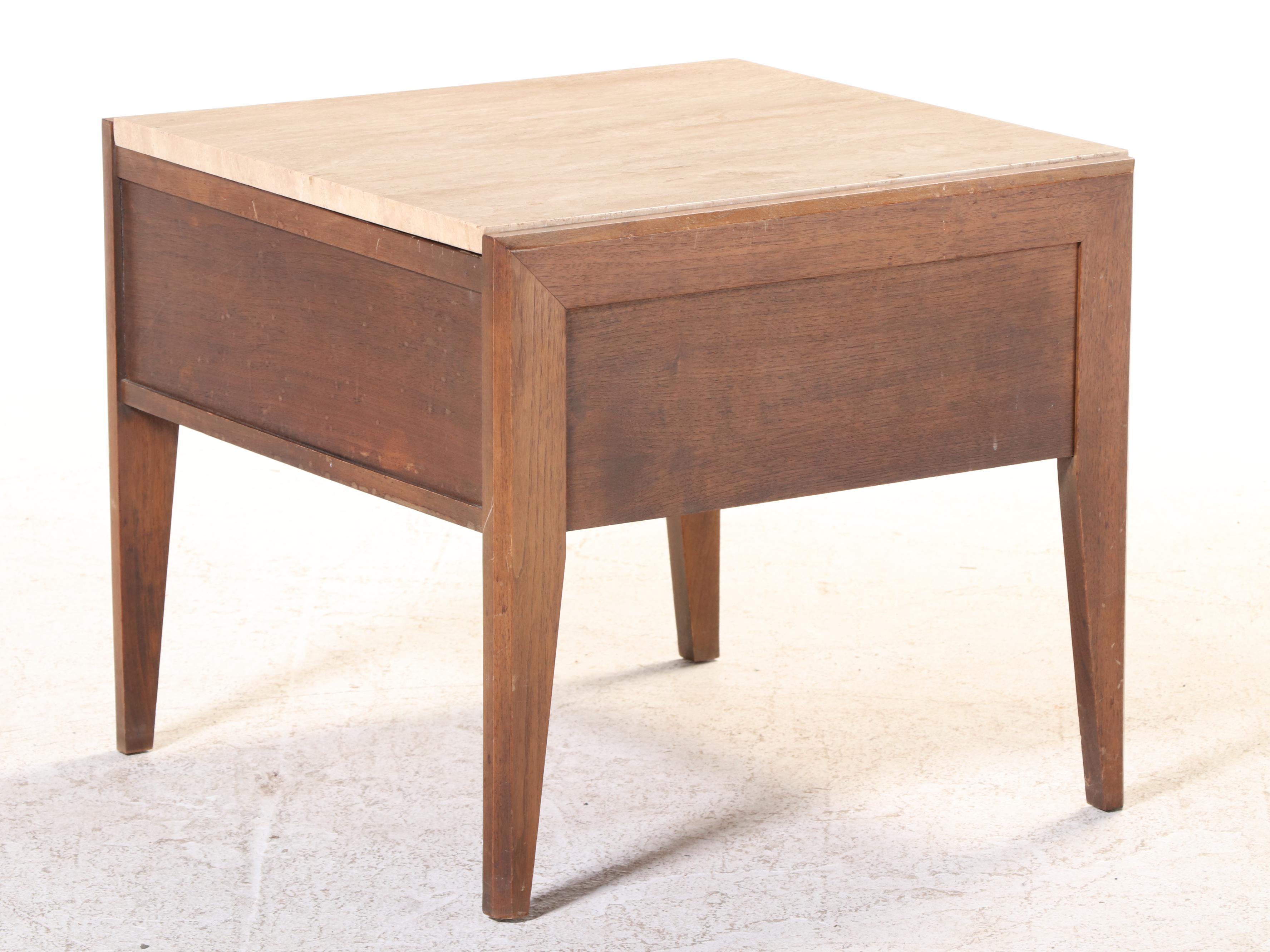 Hammary Mid Century Modern Walnut and Travertine Top Side Table