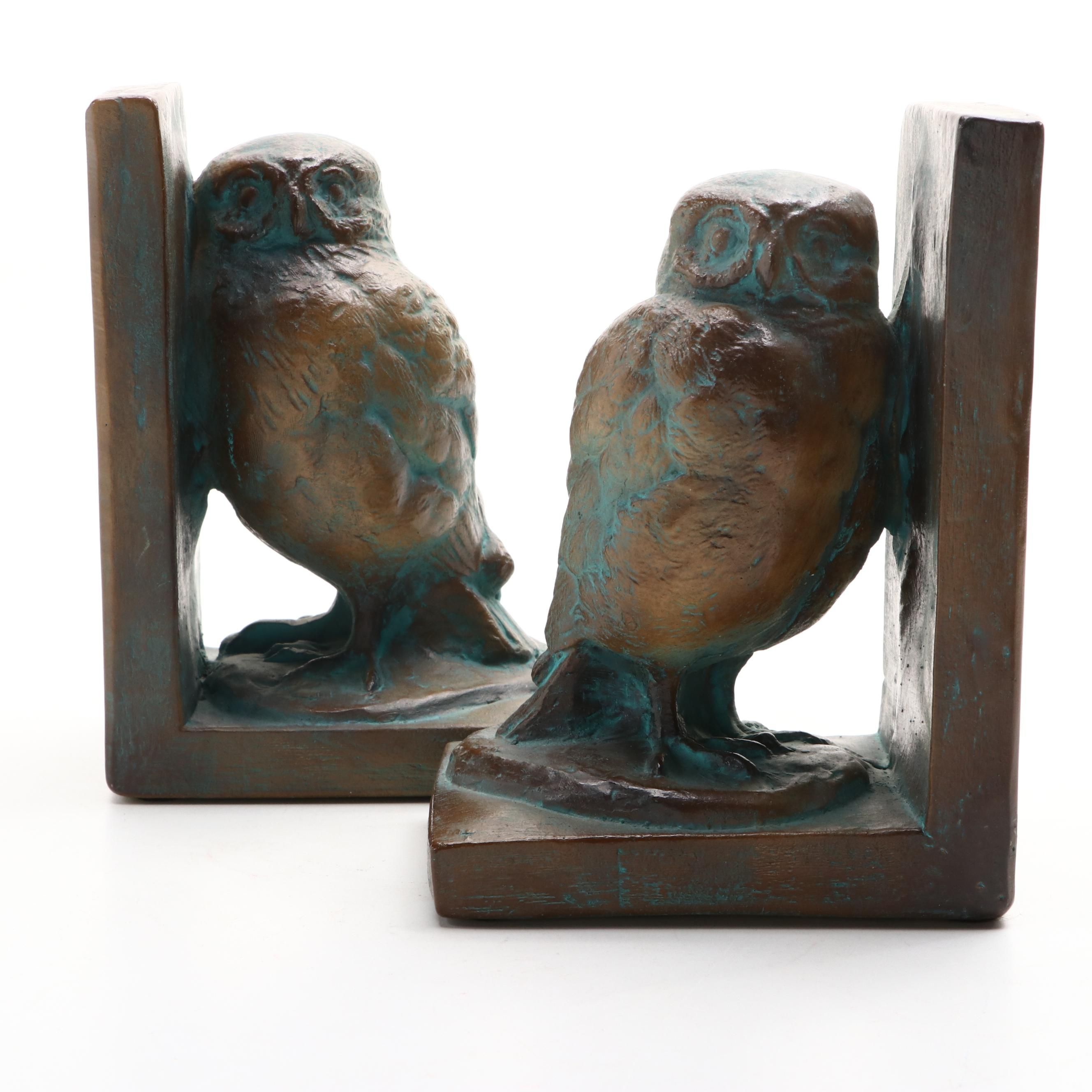 Verdigris Bronzed Ceramic Owl Bookends