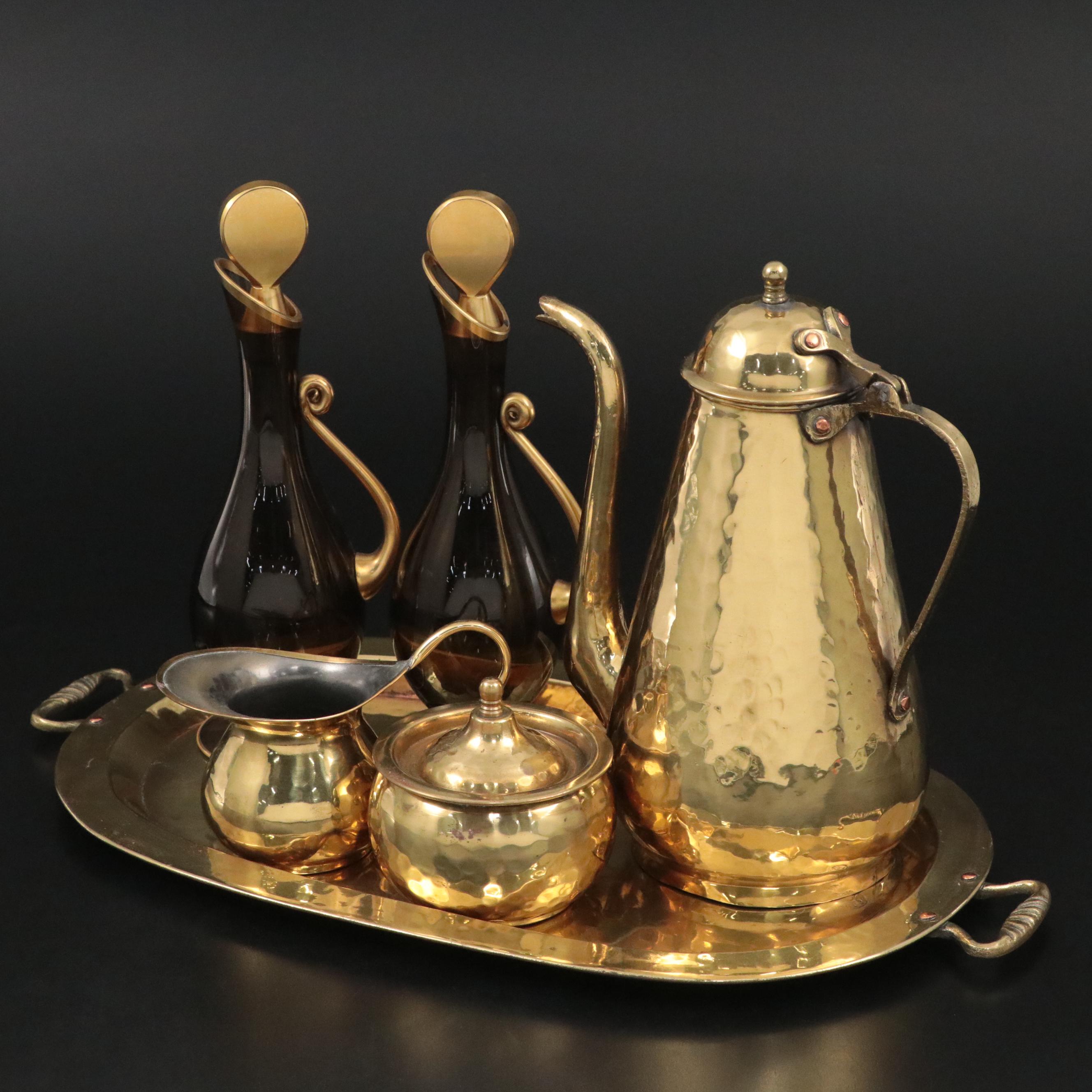 Russian Hammered Brass Coffee Service with Amber Glass Cruets