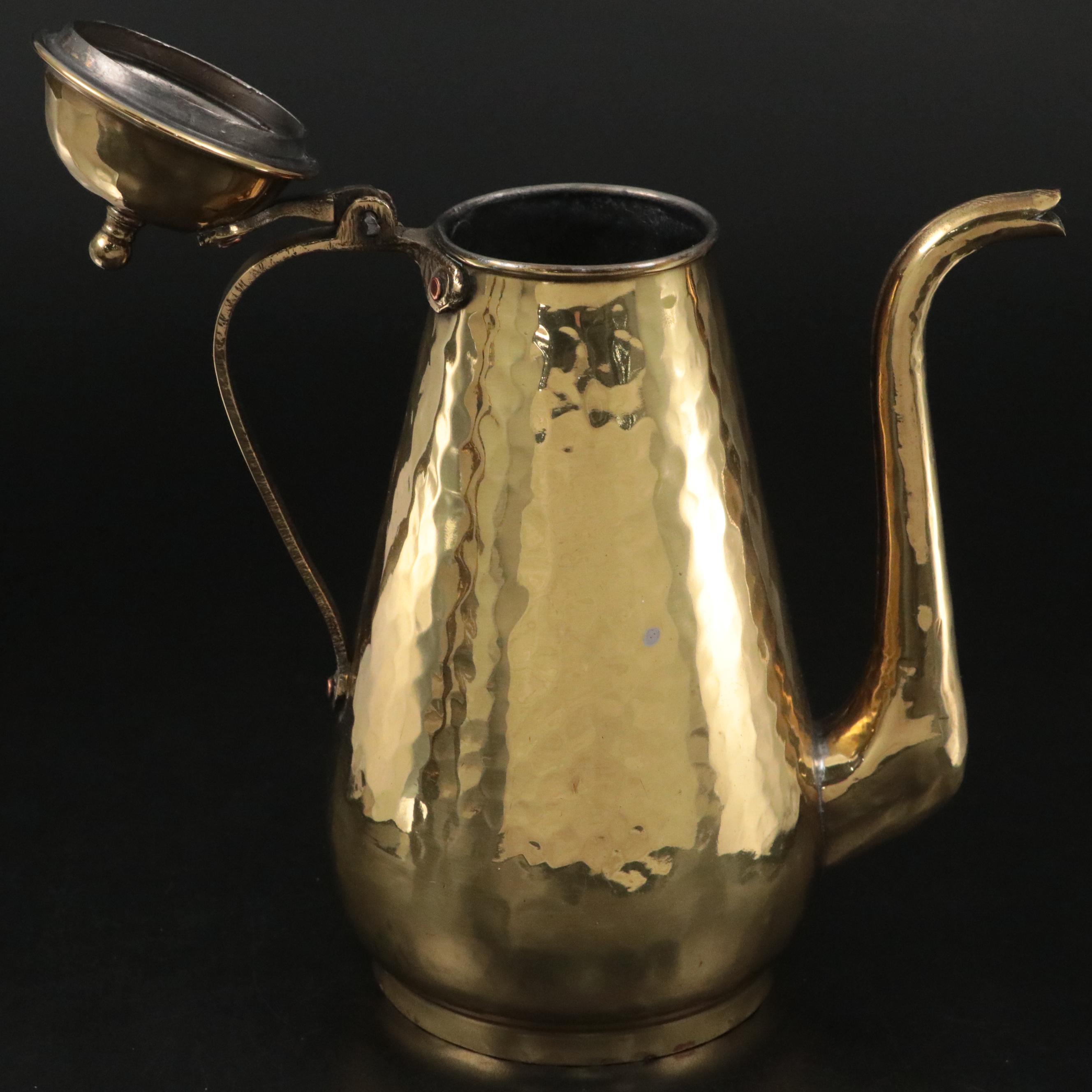 Russian Hammered Brass Coffee Service with Amber Glass Cruets