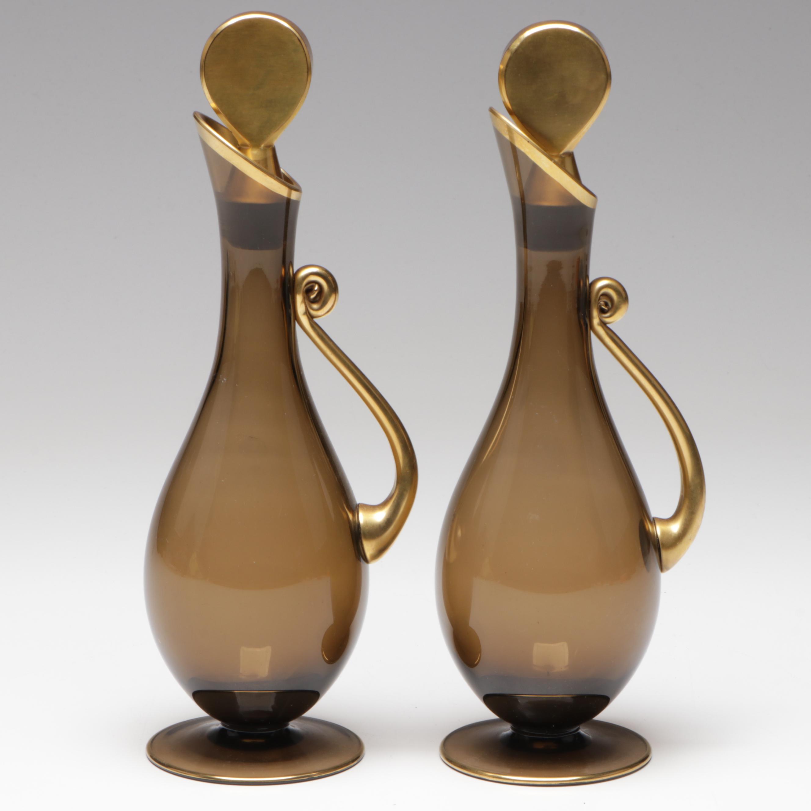 Russian Hammered Brass Coffee Service with Amber Glass Cruets