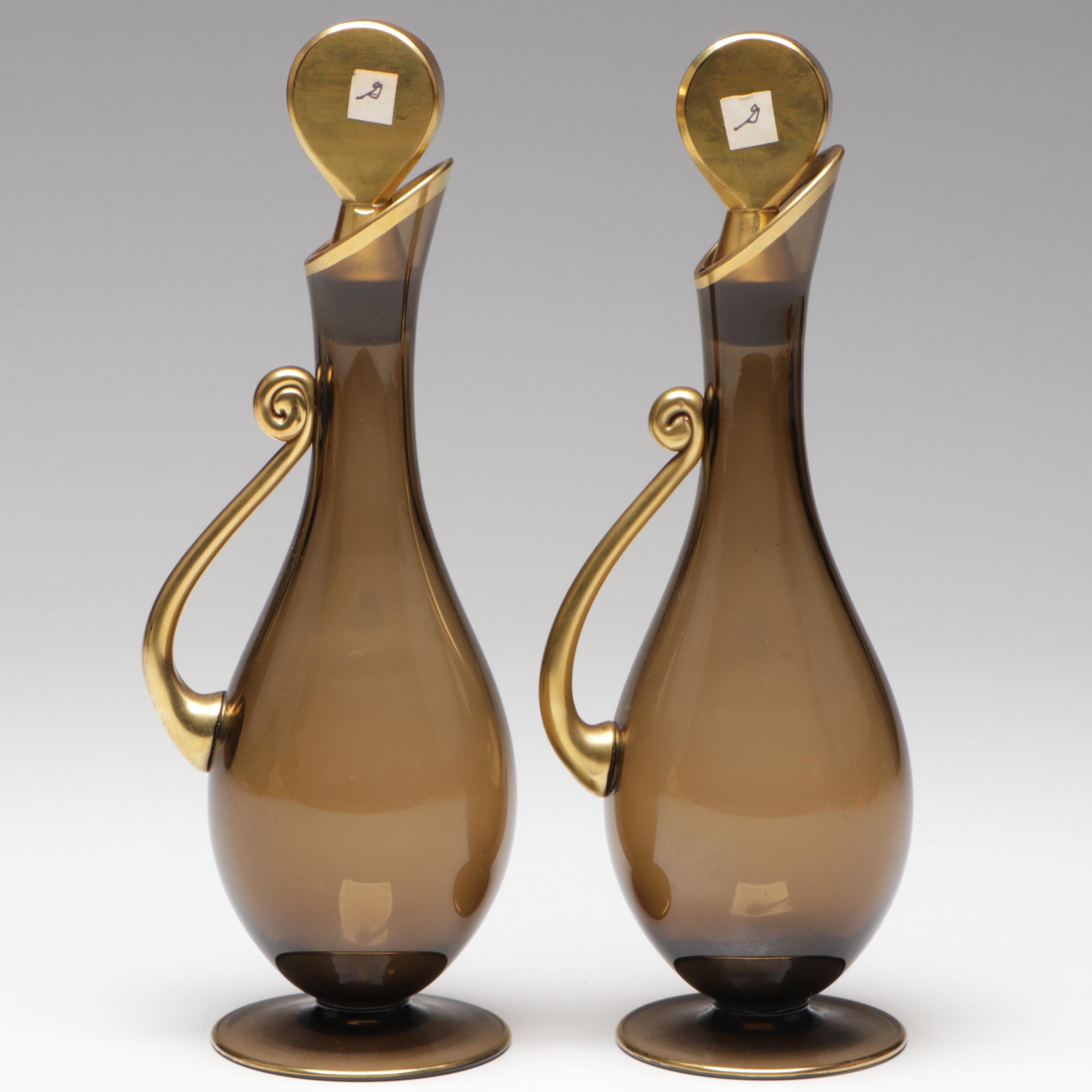 Russian Hammered Brass Coffee Service with Amber Glass Cruets