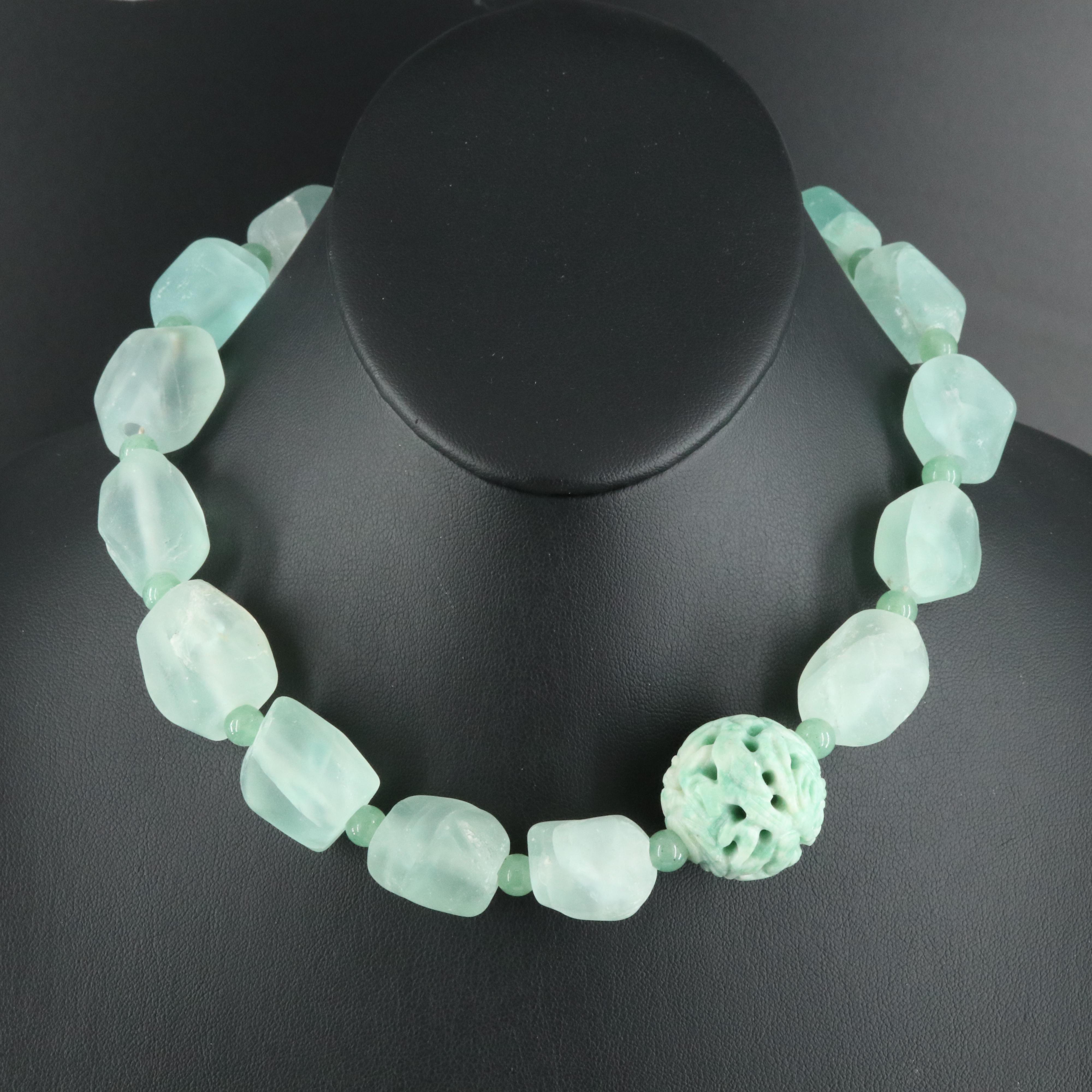 Carved Amazonite and Fluorite Necklace with Aventurine Accents