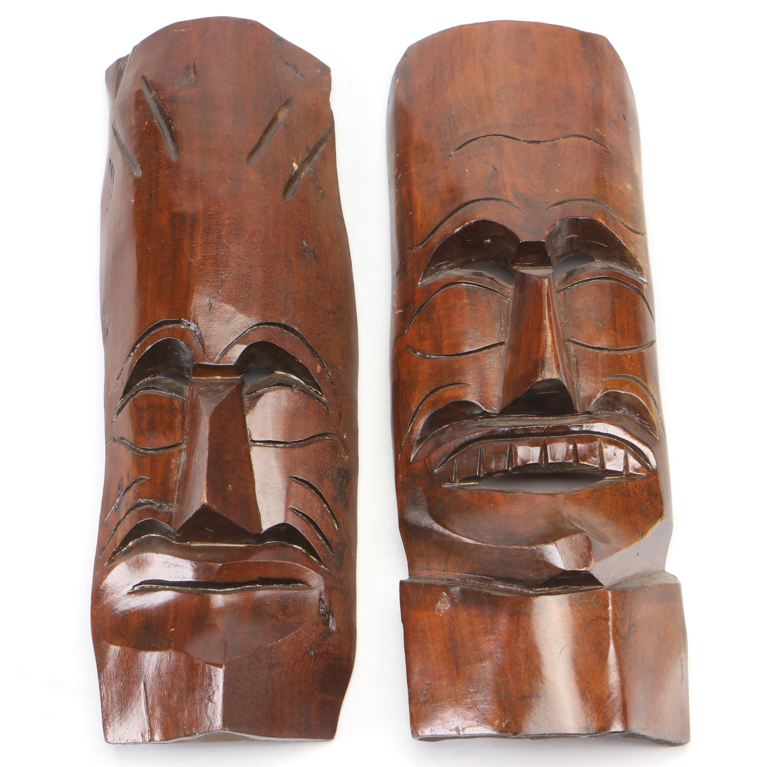Polynesian Tiki Style Hand-Carved Wooden Masks