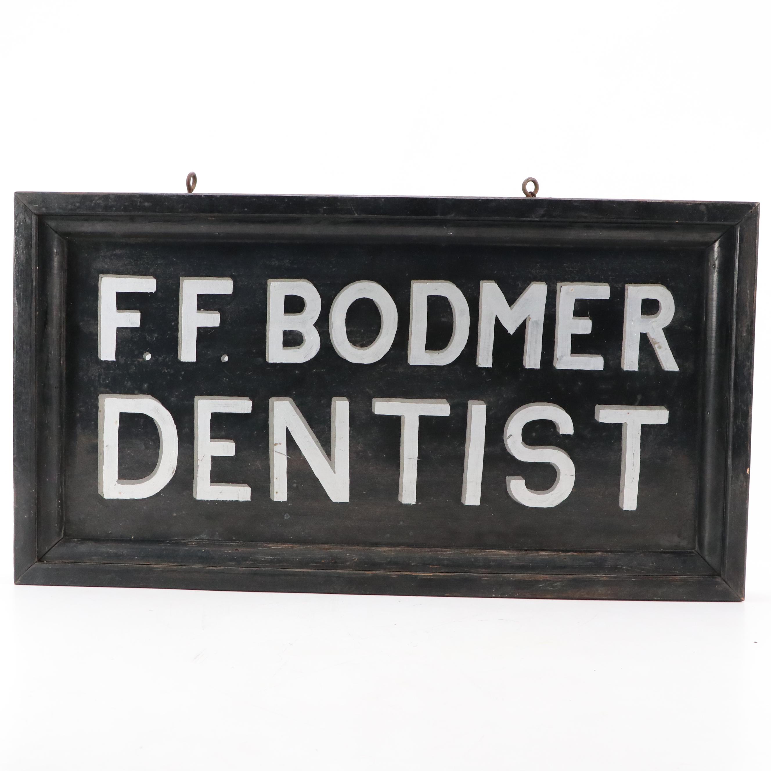 F. F. Bodmer Dentist Wooden Advertising Sign, Early to Mid-20th Century