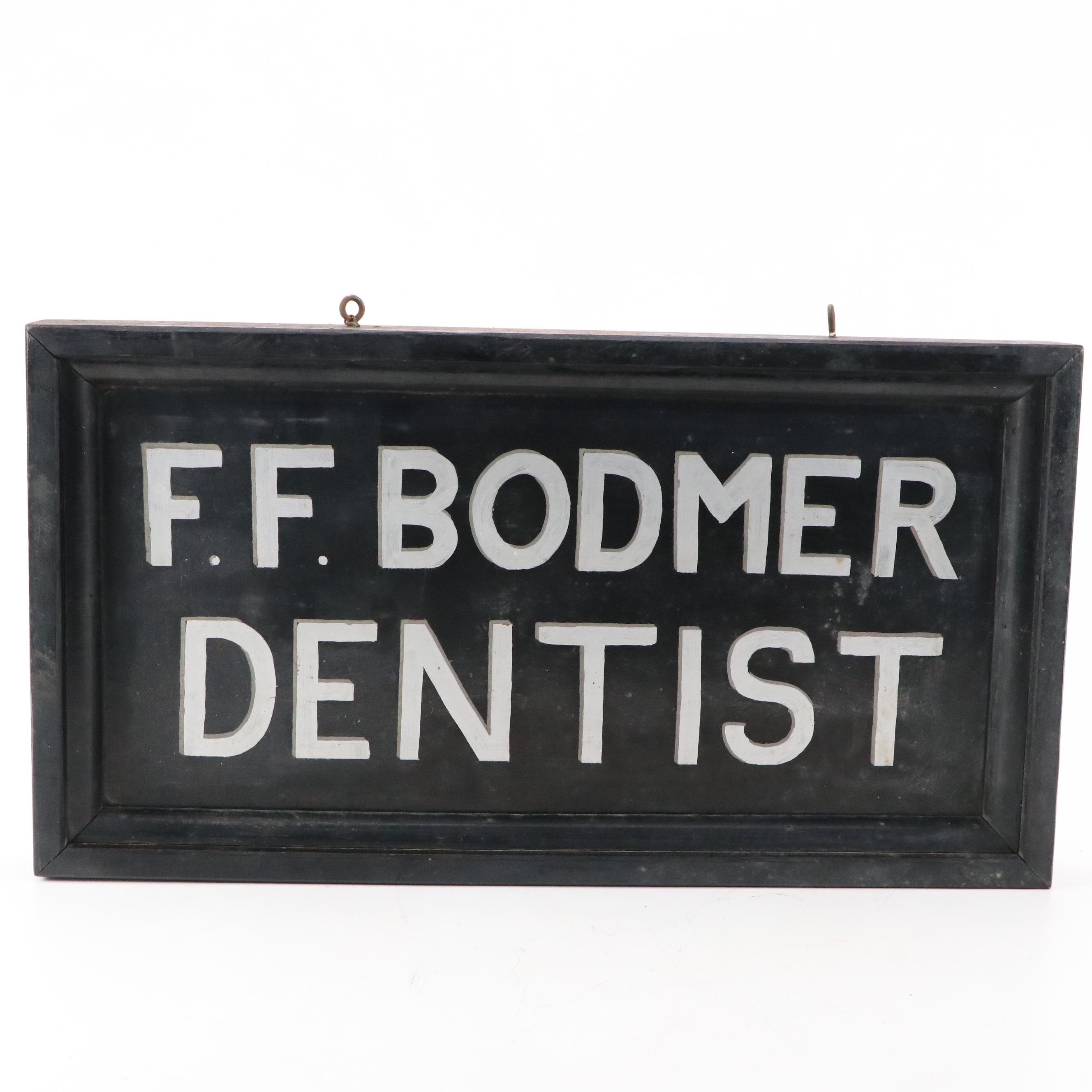 F. F. Bodmer Dentist Wooden Advertising Sign, Early to Mid-20th Century