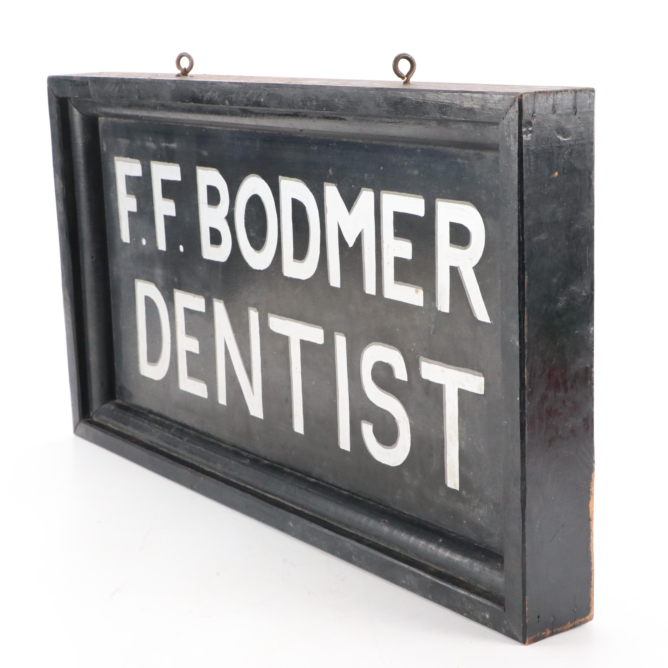 F. F. Bodmer Dentist Wooden Advertising Sign, Early to Mid-20th Century
