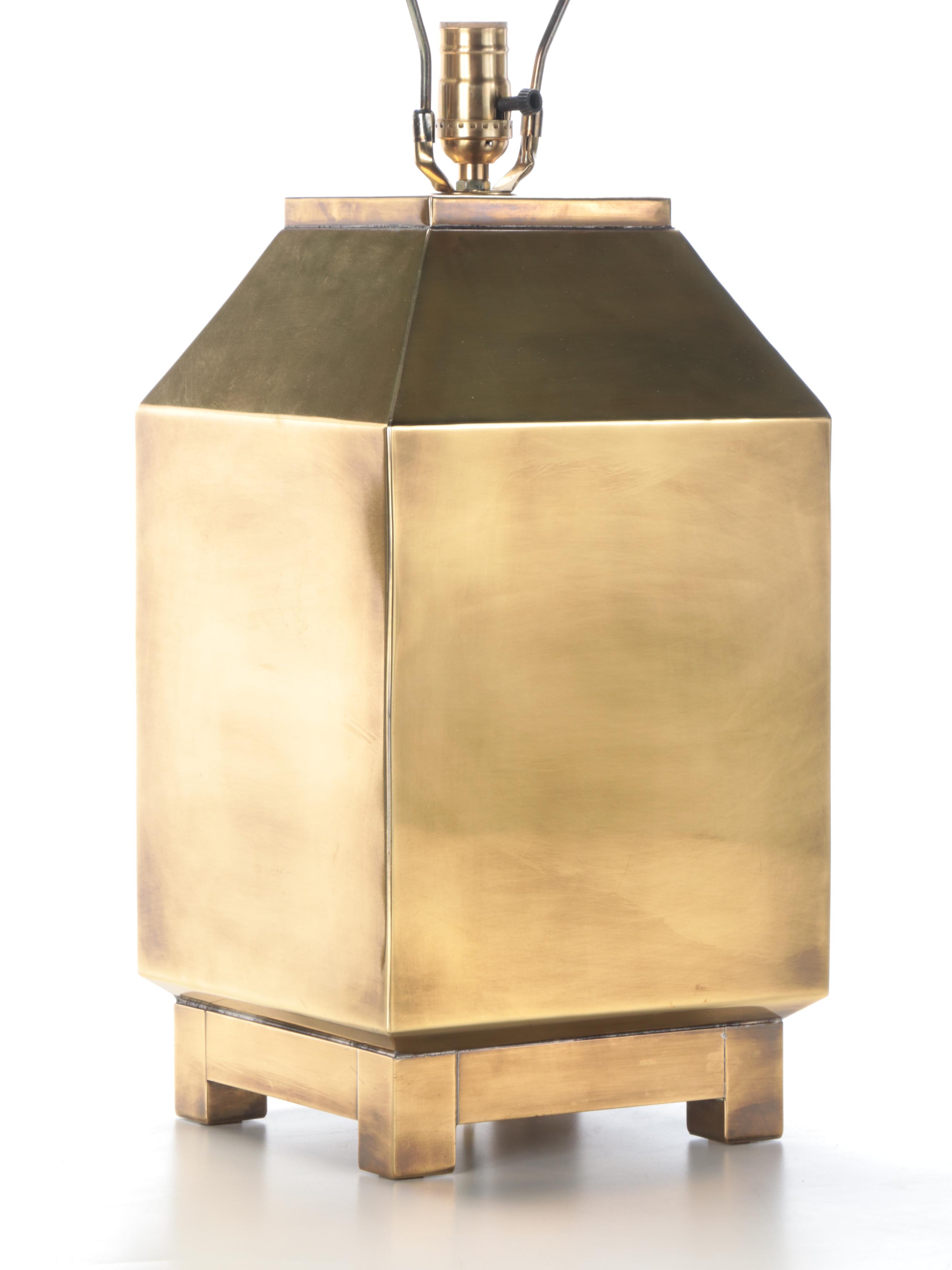 Cube Shape Brass Table Lamp with Fabric Lampshade
