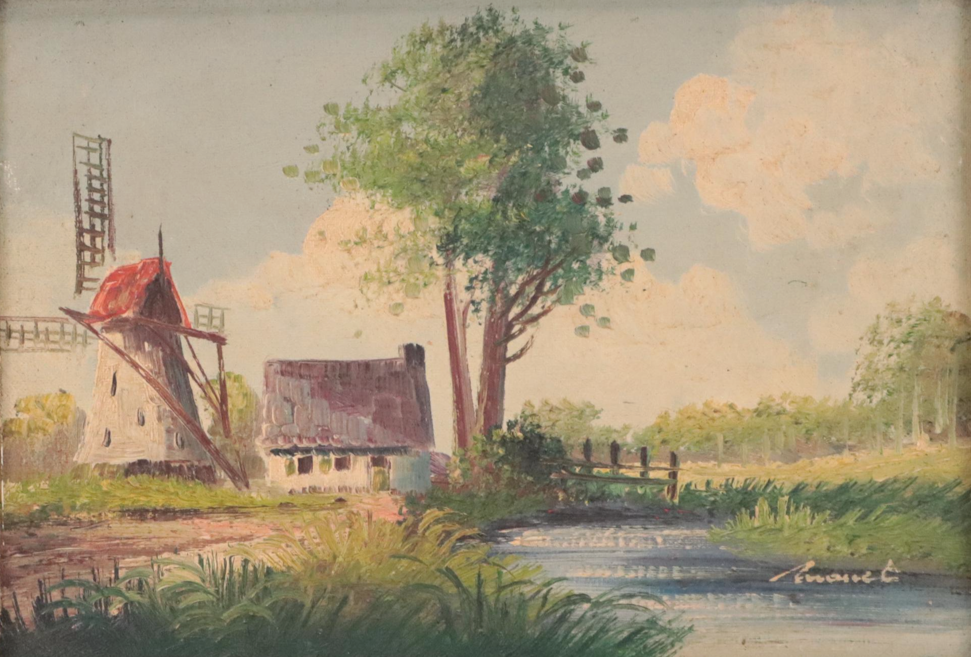 Oil Painting of Impressionist Rural Landscape With Windmill