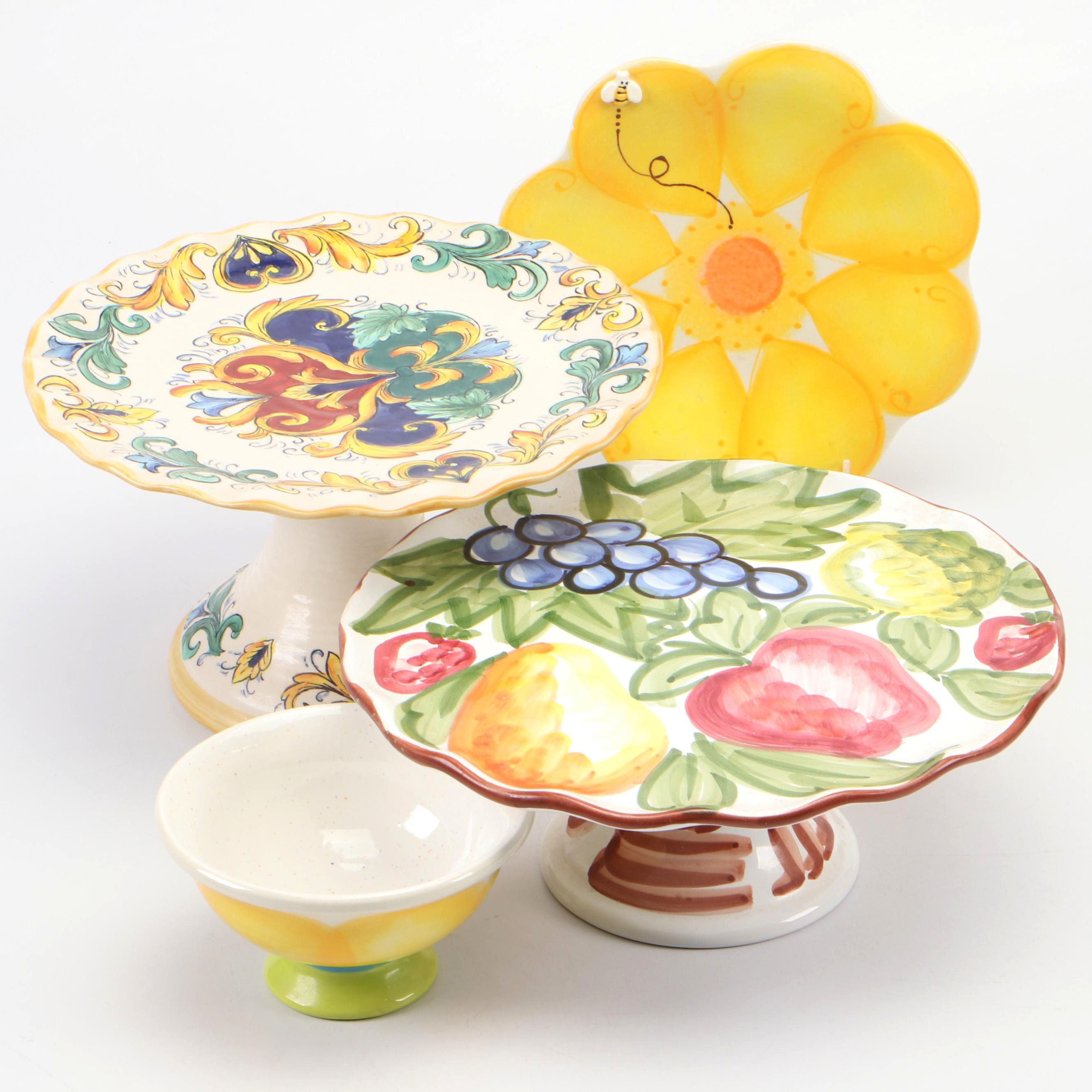 Present Tense and Royal Tuscan Majolica Style Cake Stands with Other Tableware