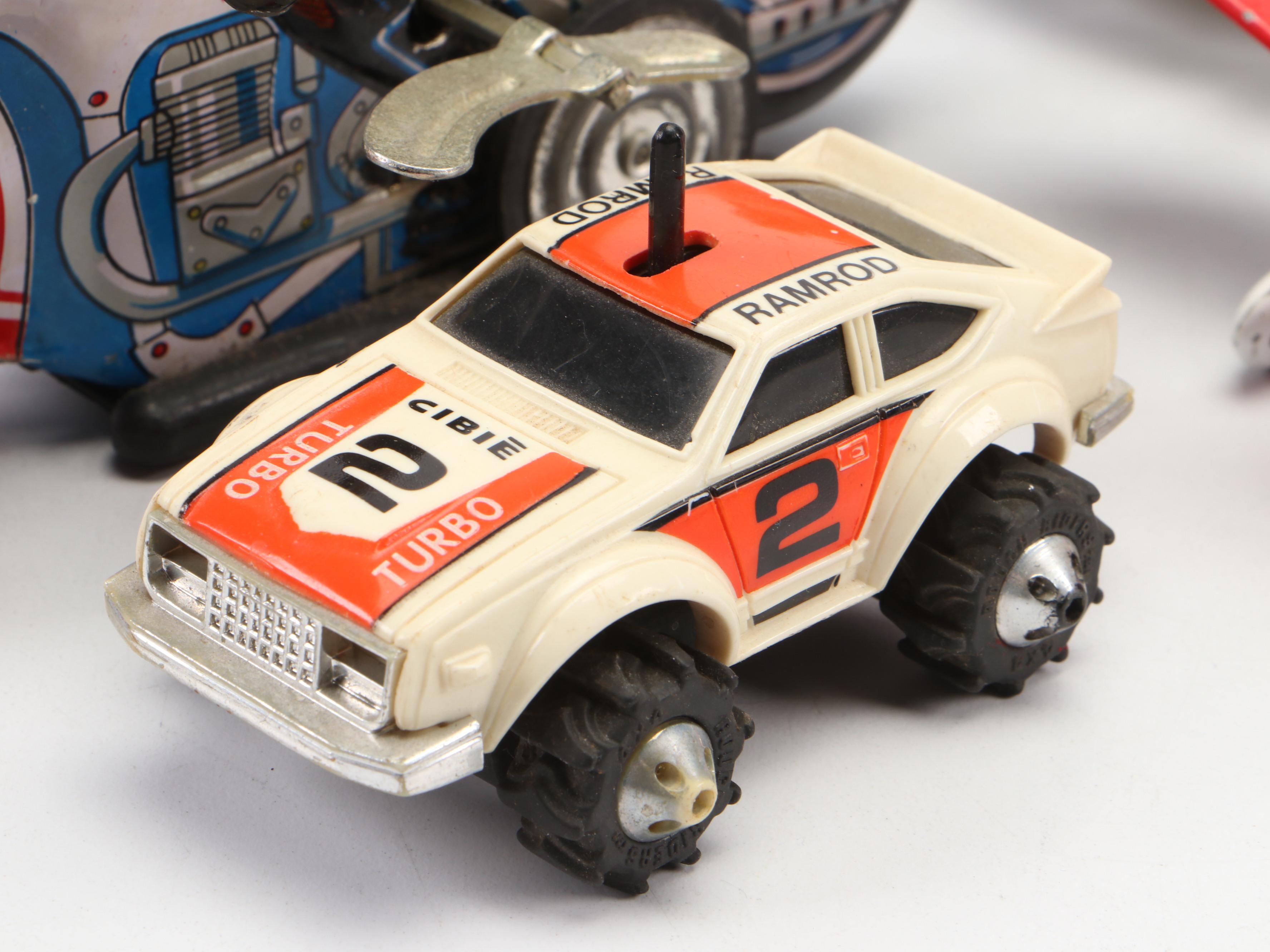 Tin Litho Toy Land Express & Other Train Candy Tins, Friction Motorcycle, More