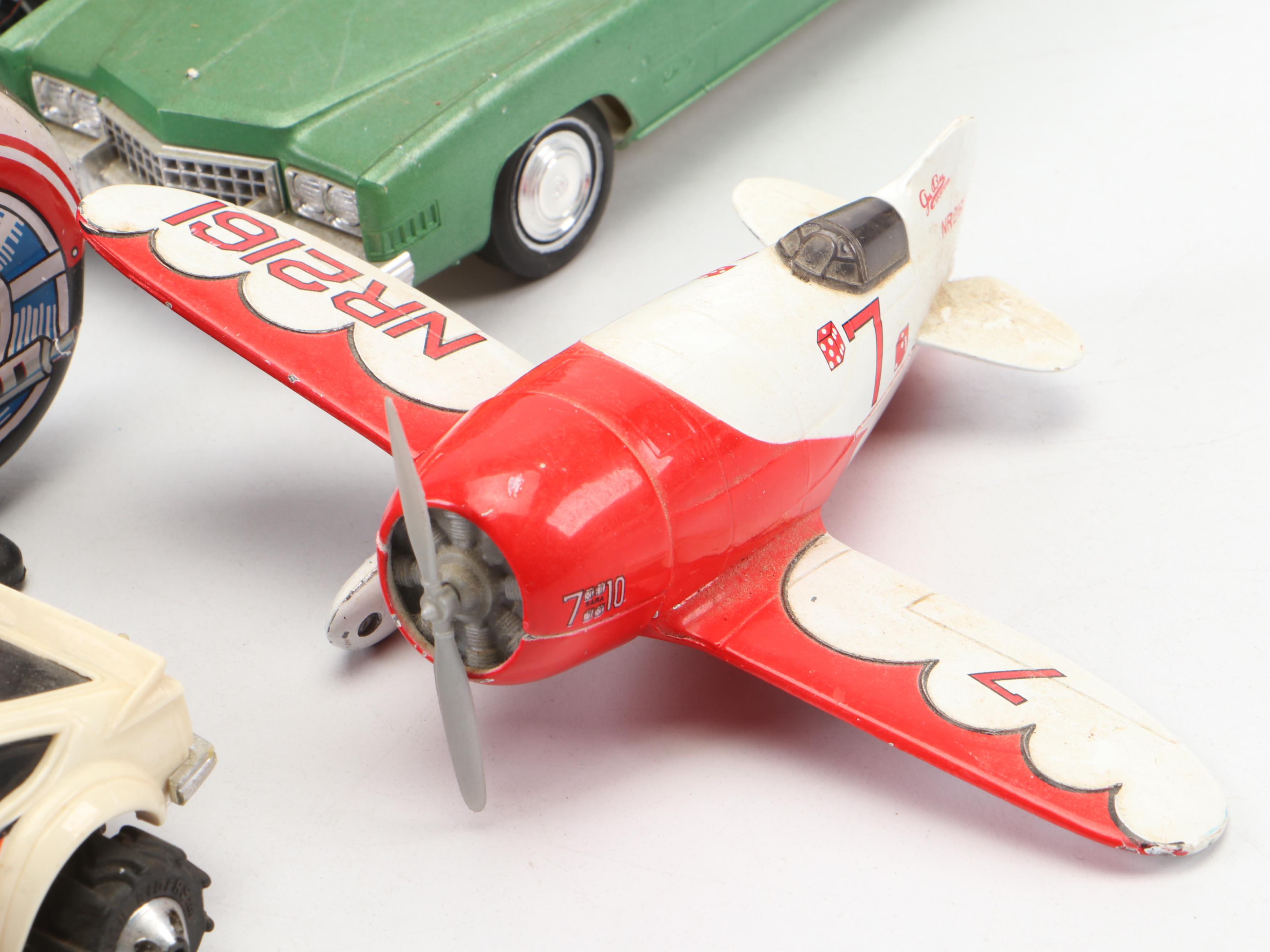 Tin Litho Toy Land Express & Other Train Candy Tins, Friction Motorcycle, More