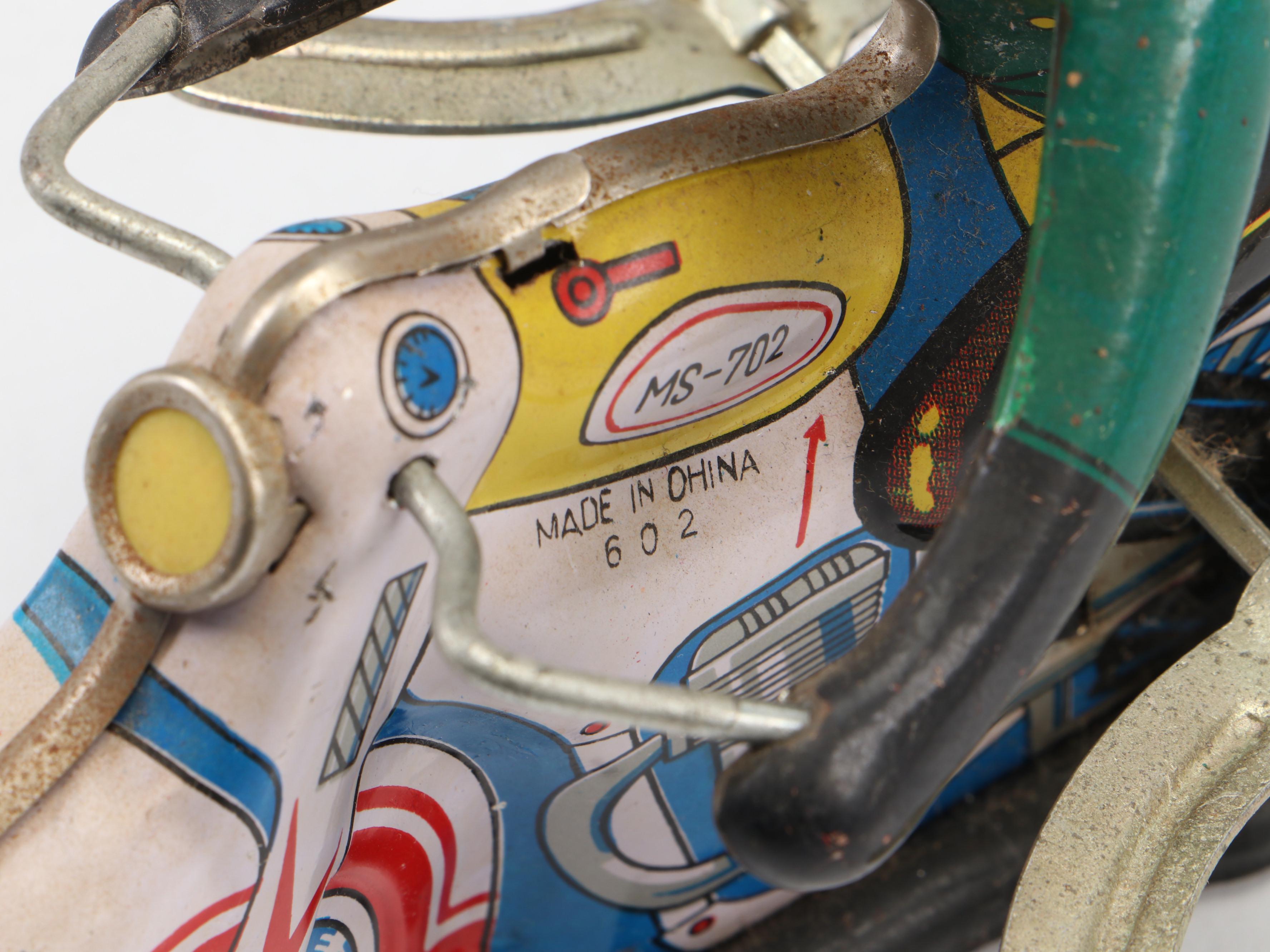 Tin Litho Toy Land Express & Other Train Candy Tins, Friction Motorcycle, More