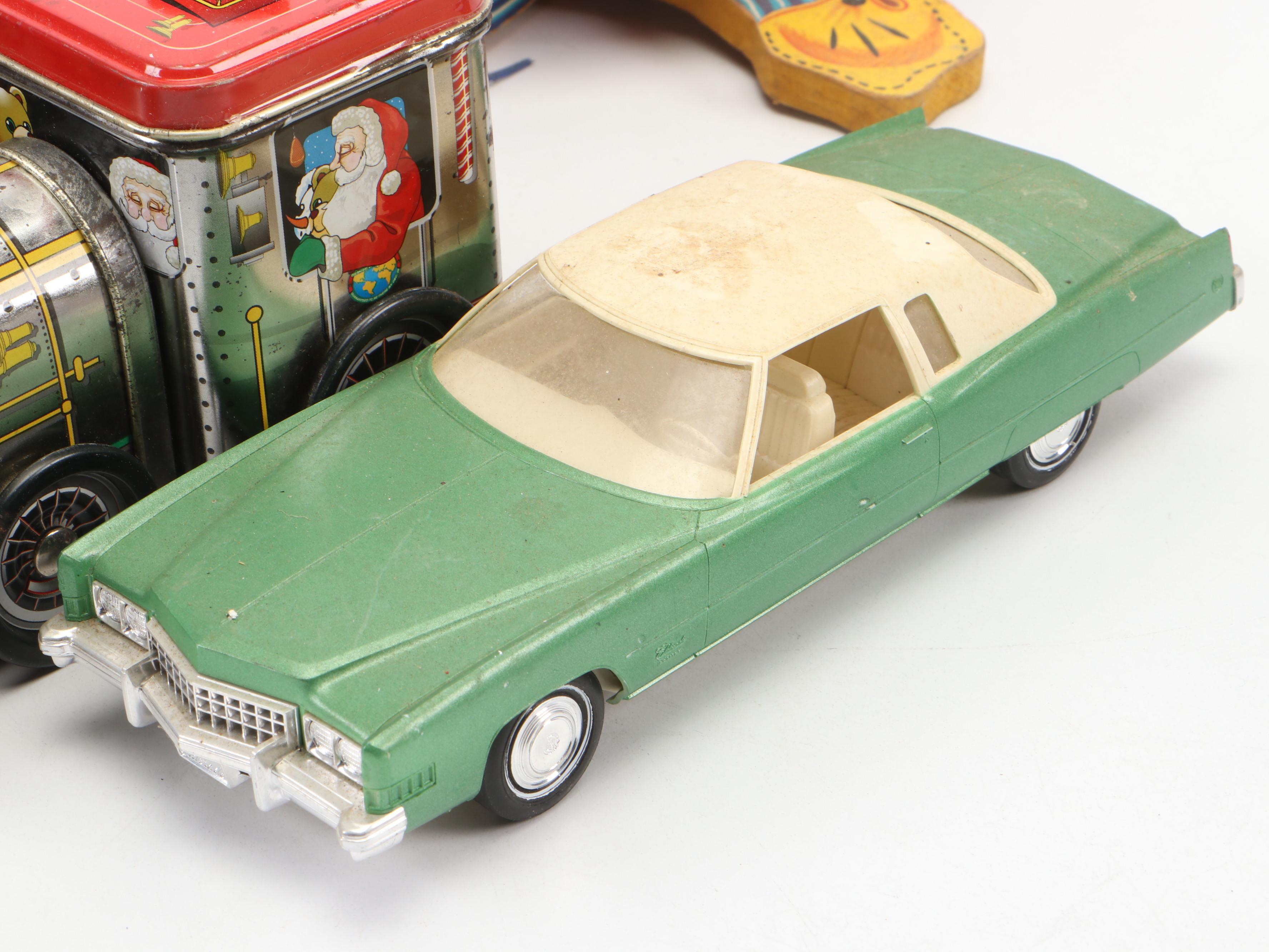 Tin Litho Toy Land Express & Other Train Candy Tins, Friction Motorcycle, More