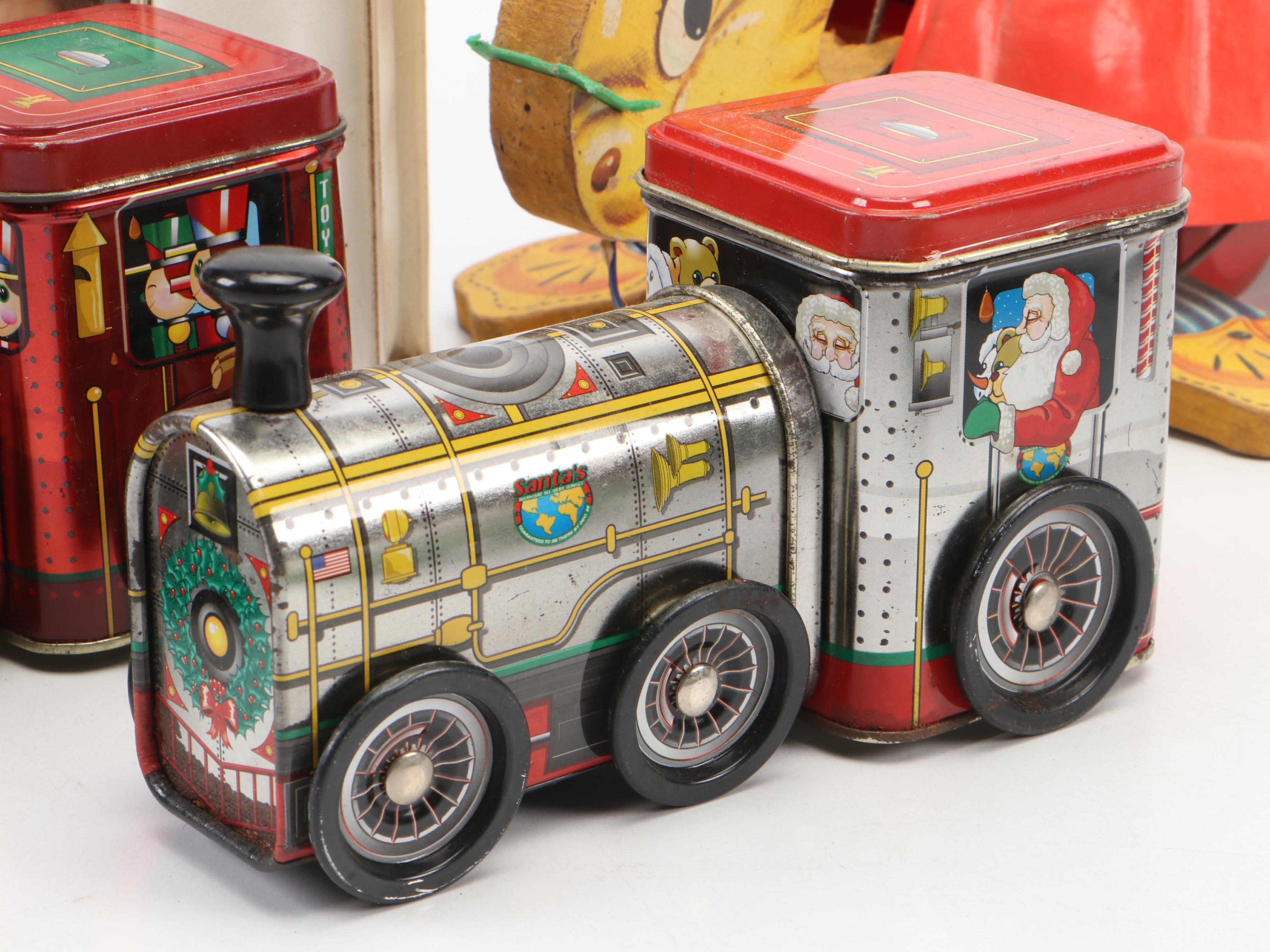 Tin Litho Toy Land Express & Other Train Candy Tins, Friction Motorcycle, More