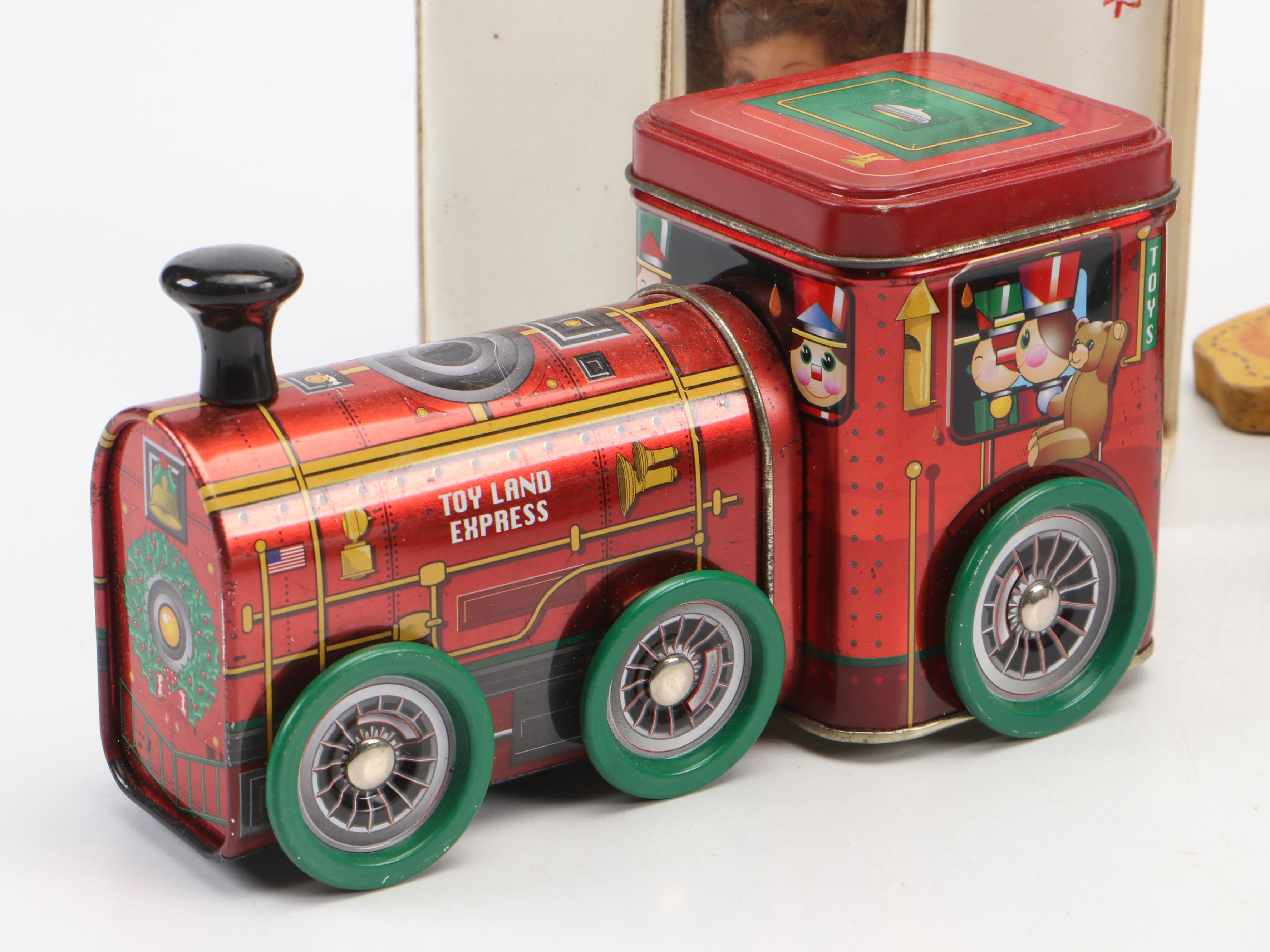 Tin Litho Toy Land Express & Other Train Candy Tins, Friction Motorcycle, More