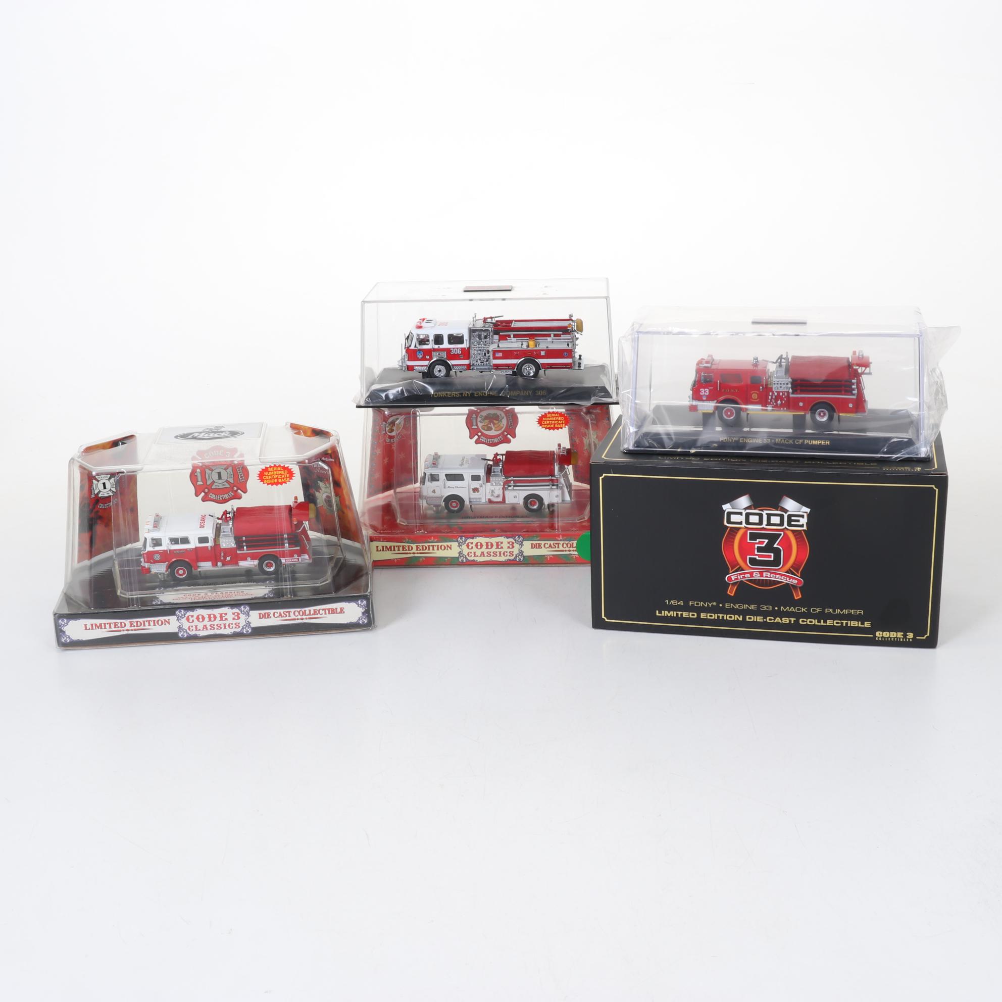 Four Code 3 Limited Edition Die Cast 1/64 Scale Fire Trucks, 21st Century