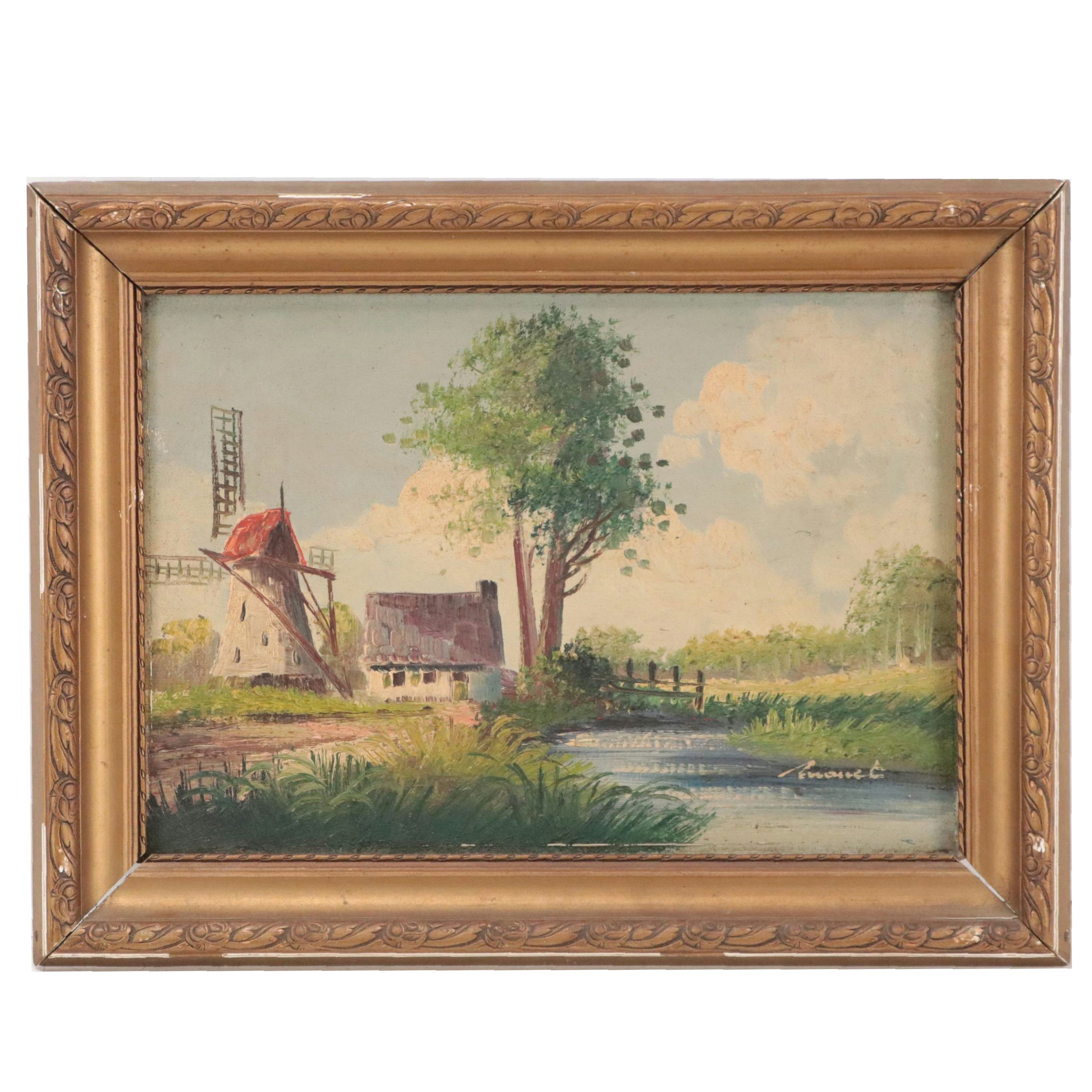 Oil Painting of Impressionist Rural Landscape With Windmill