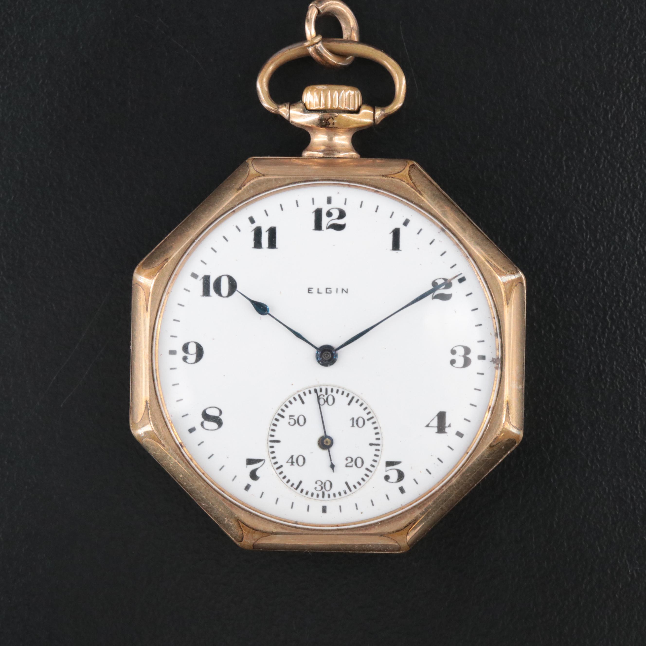 Antique Elgin Octagon Gold-Filled Pocket Watch with Gold-Filled Fob