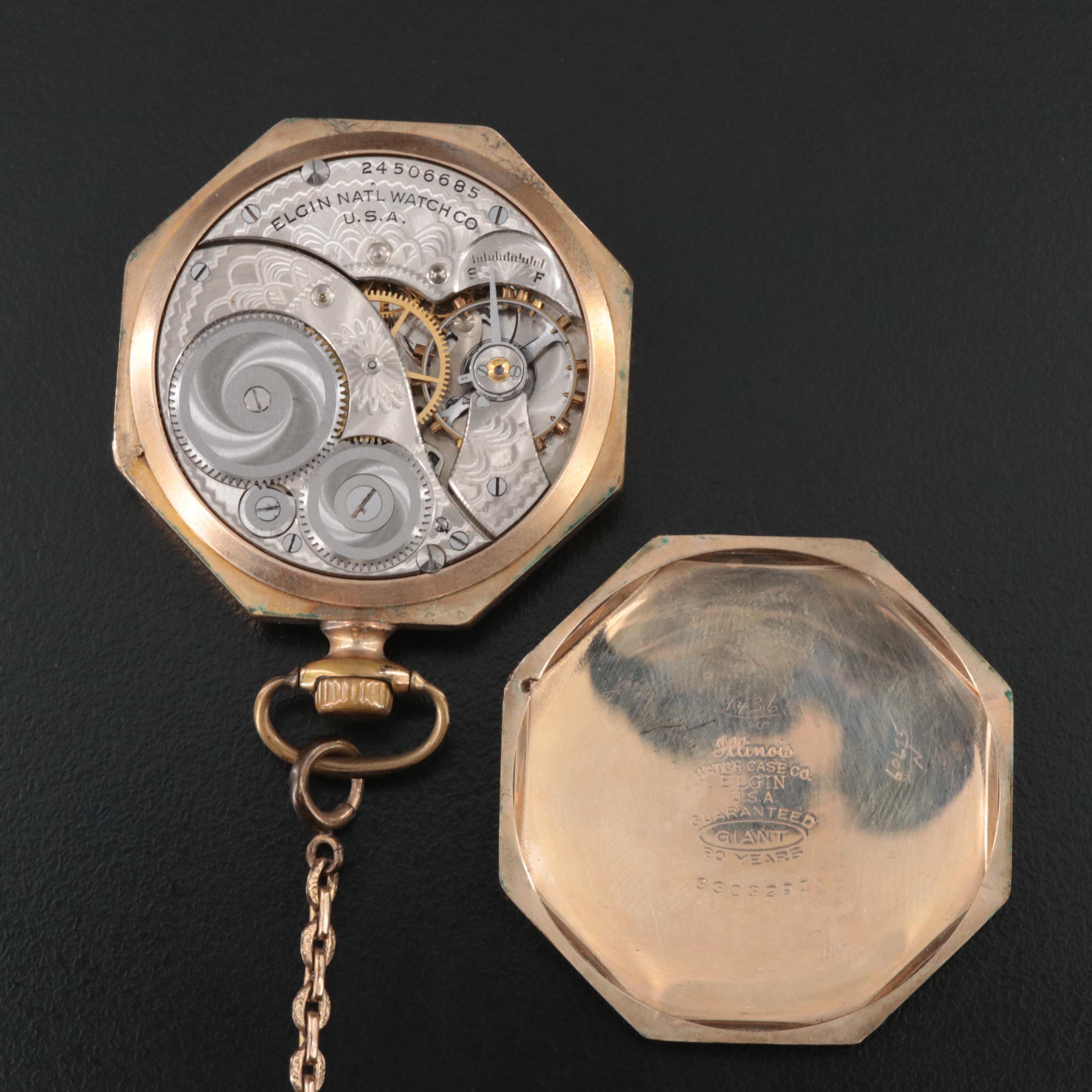 Antique Elgin Octagon Gold-Filled Pocket Watch with Gold-Filled Fob