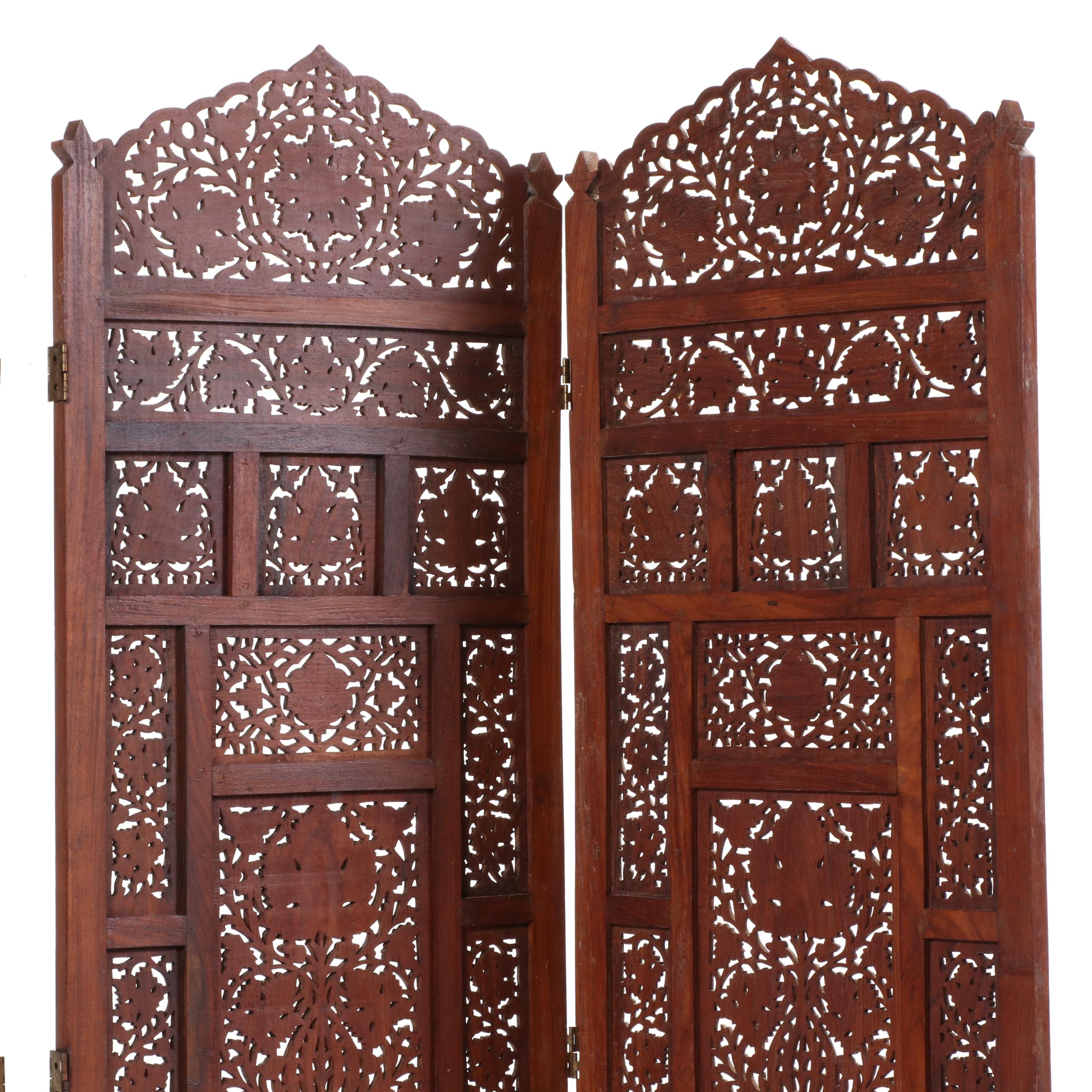 Pair of Indian Carved and Reticulated Teak Two-Panel Folding Screens