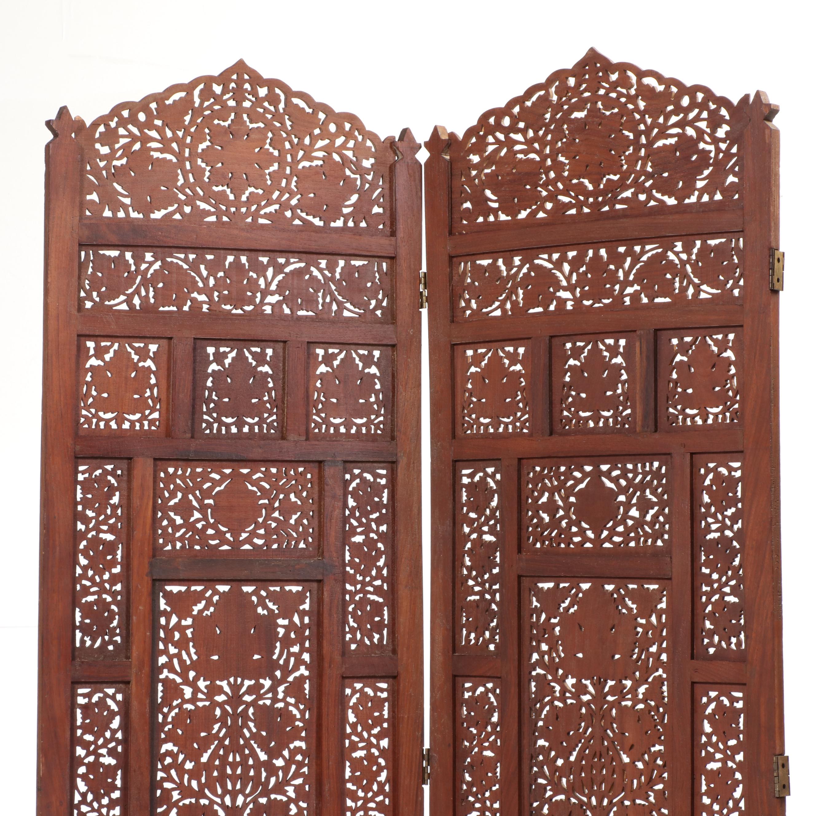 Pair of Indian Carved and Reticulated Teak Two-Panel Folding Screens