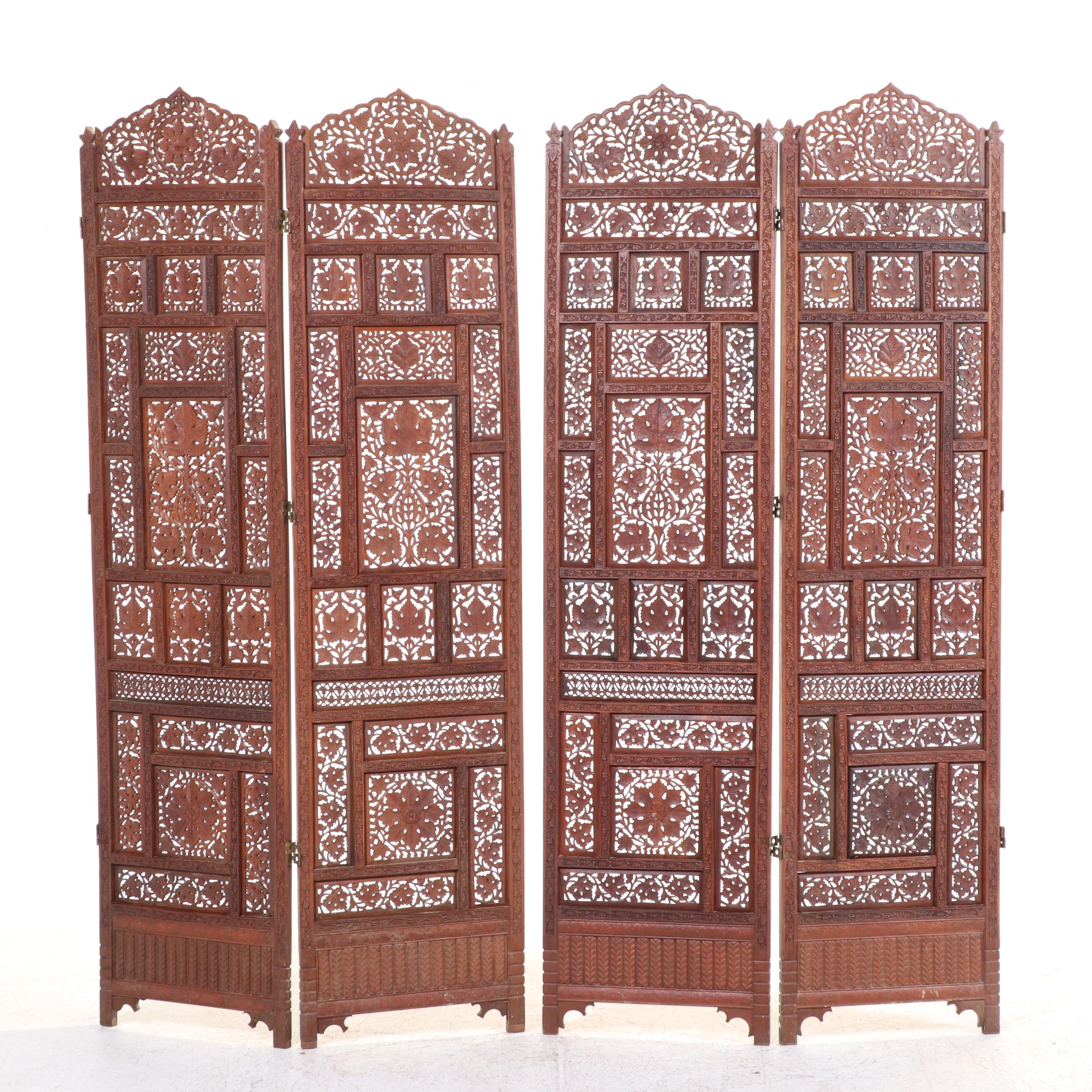 Pair of Indian Carved and Reticulated Teak Two-Panel Folding Screens