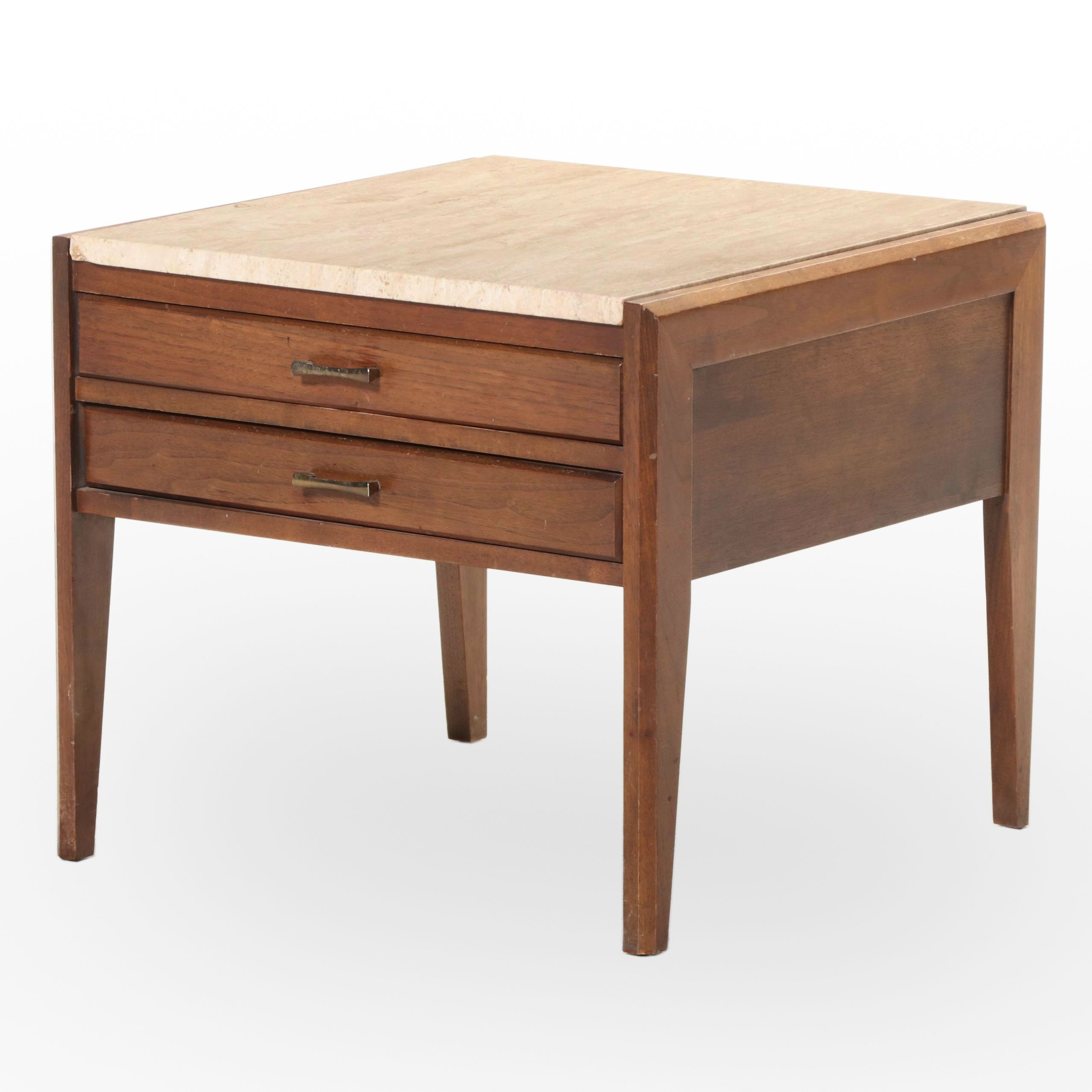 Hammary Mid Century Modern Walnut and Travertine Top Side Table