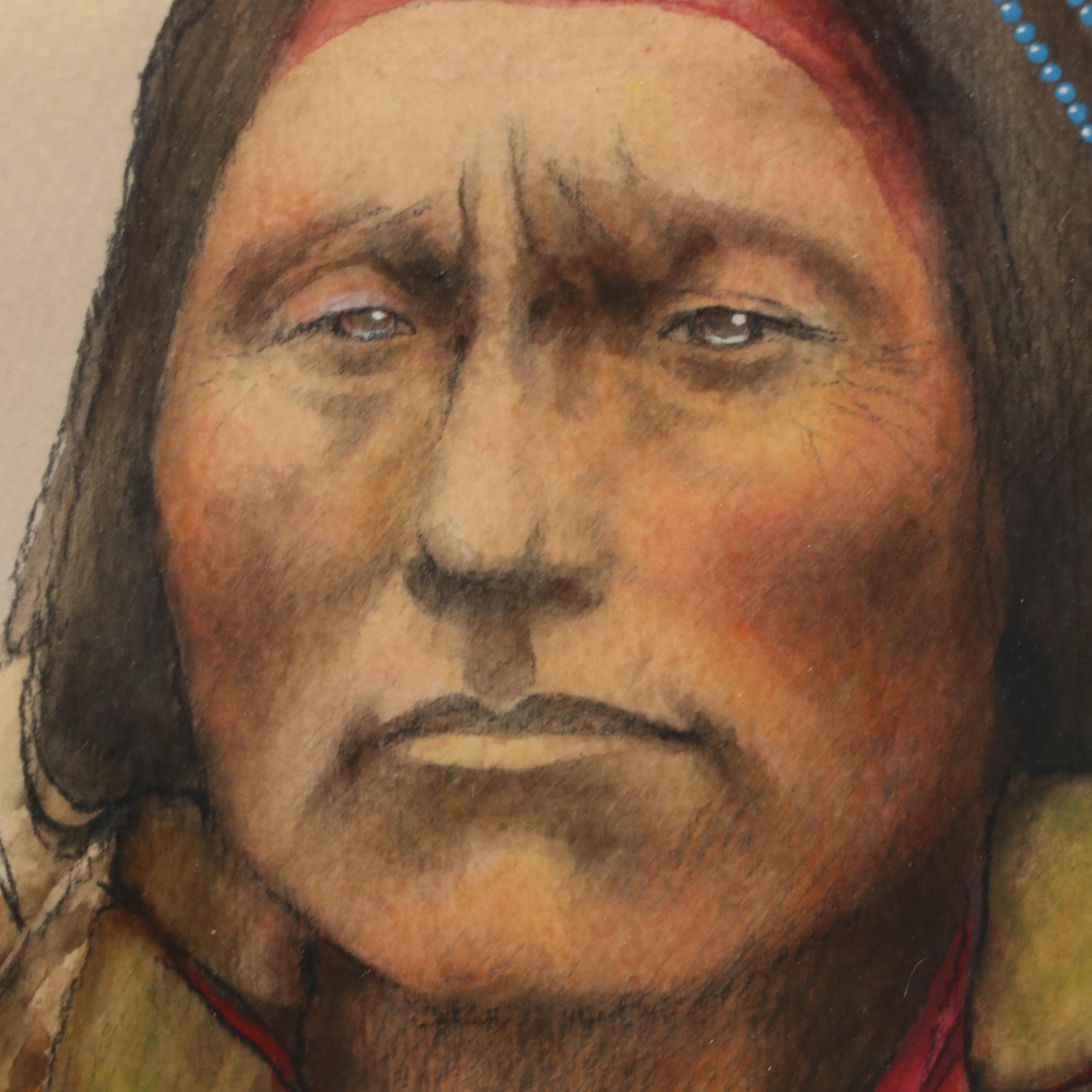 Michael Farrell Hill Native American Portrait Watercolor Painting, 1987