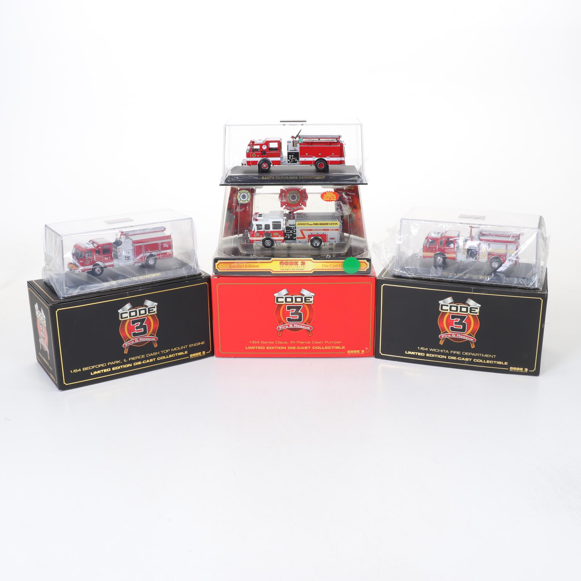 Four Code 3 Limited Edition Die Cast 1/64 Scale Fire Trucks, 21st Century