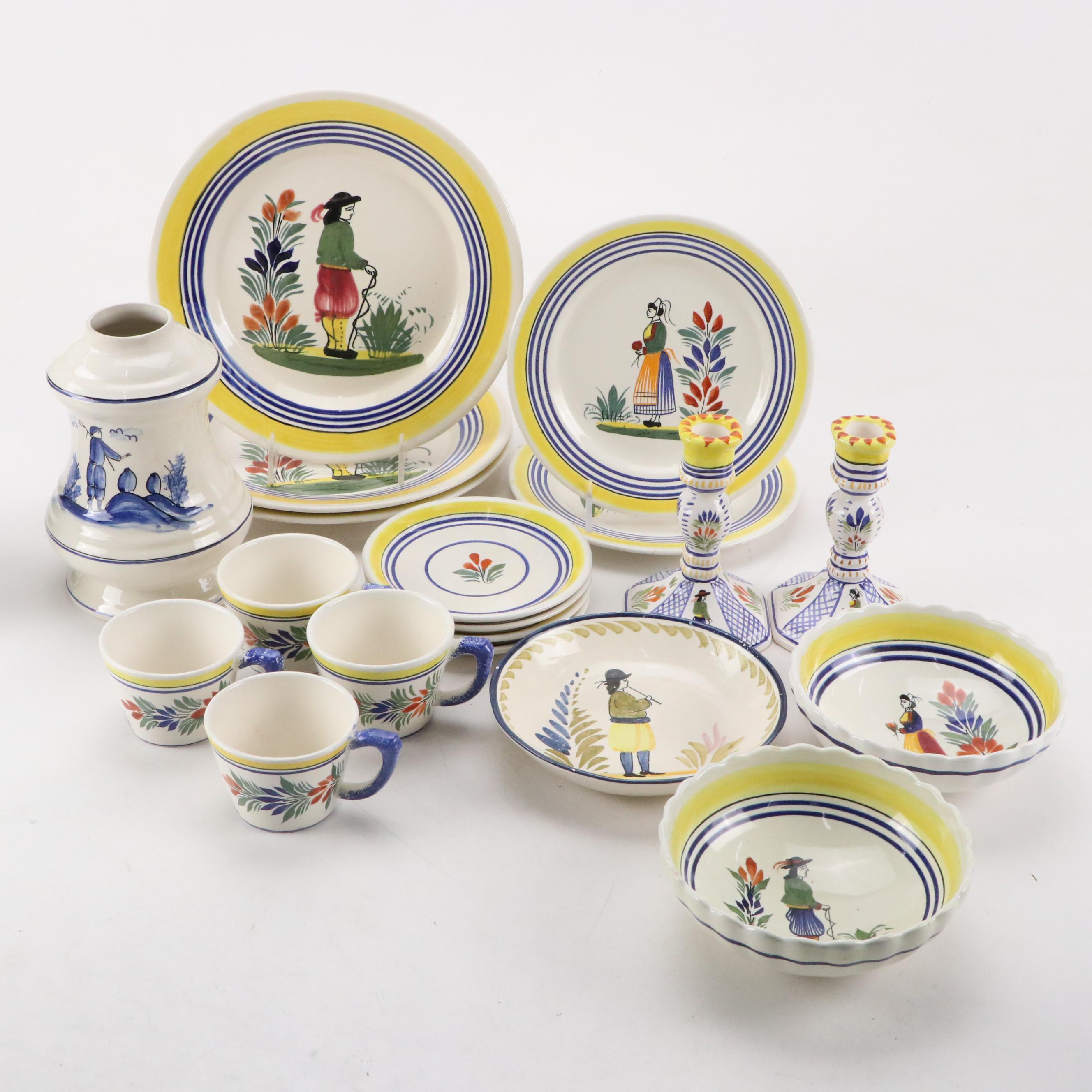 Henriot Quimper Tin Glaze Dinnerware and Candlesticks with Others