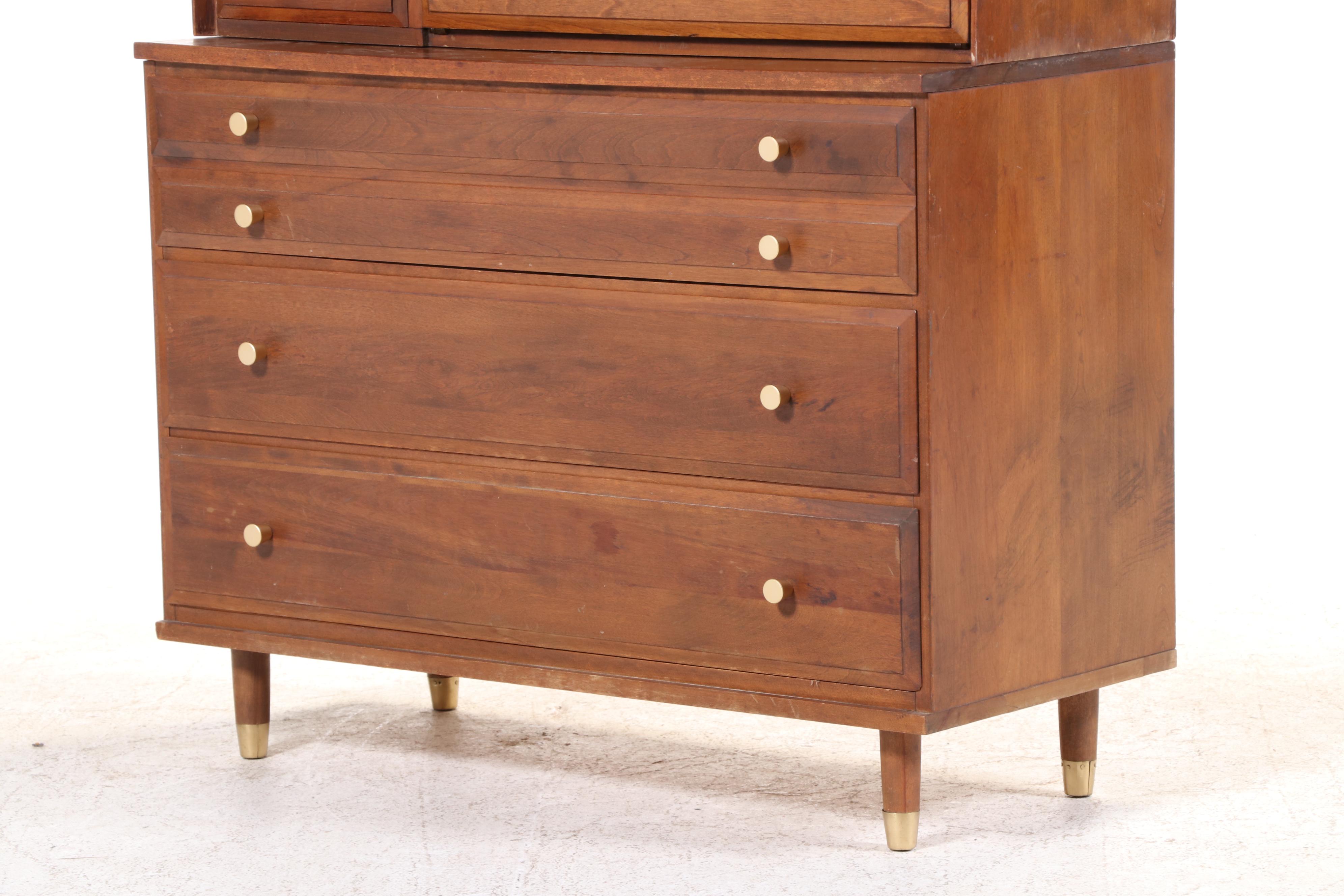 Baumritter "Roommates" Mid Century Modern Maple and Caned Secretary Bookcase