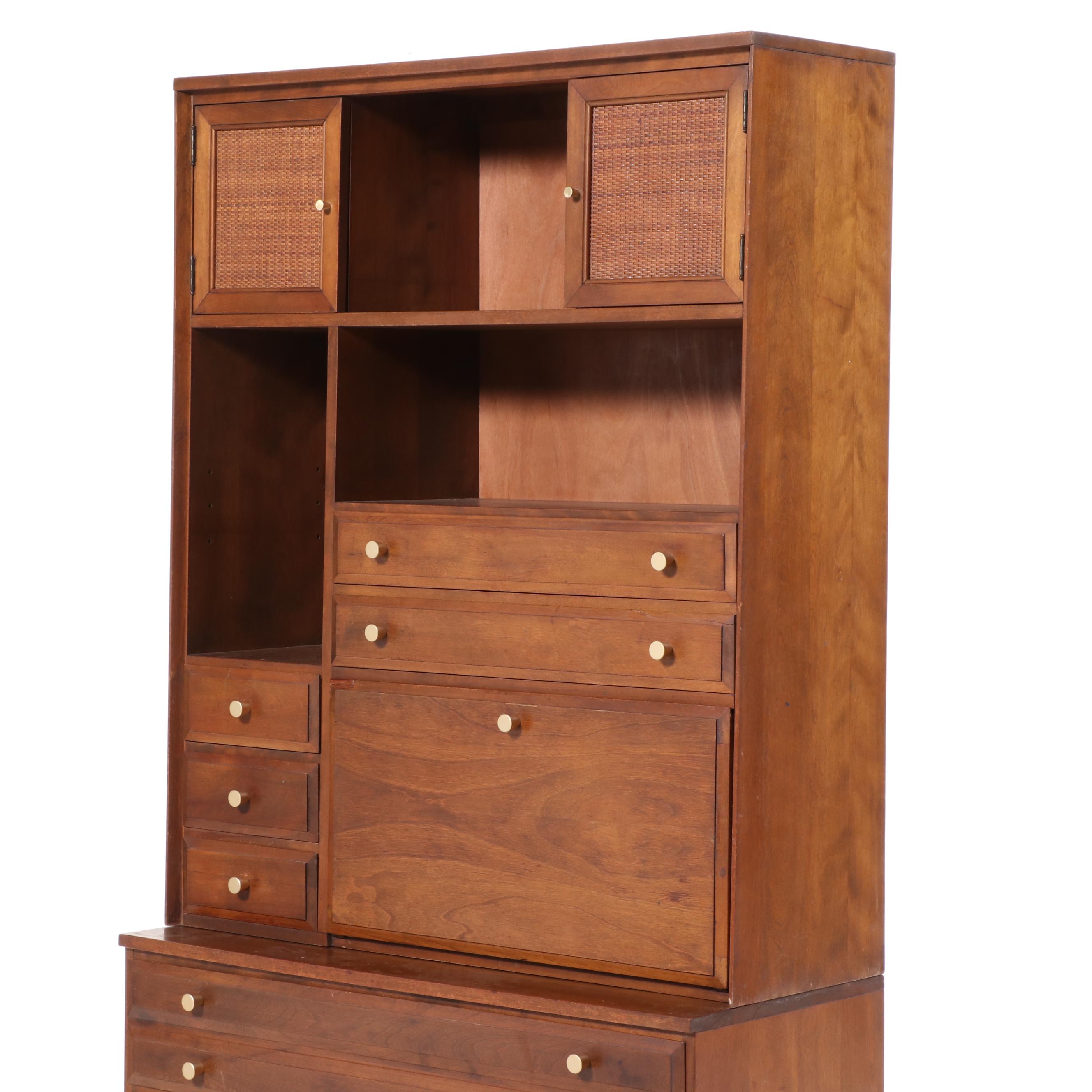 Baumritter "Roommates" Mid Century Modern Maple and Caned Secretary Bookcase