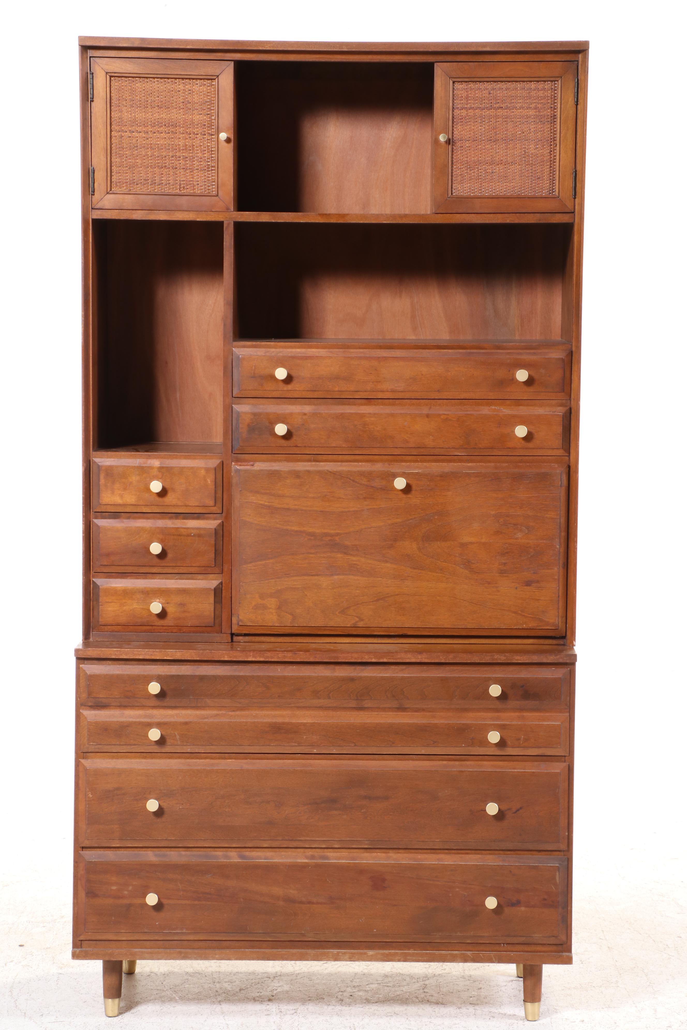 Baumritter "Roommates" Mid Century Modern Maple and Caned Secretary Bookcase