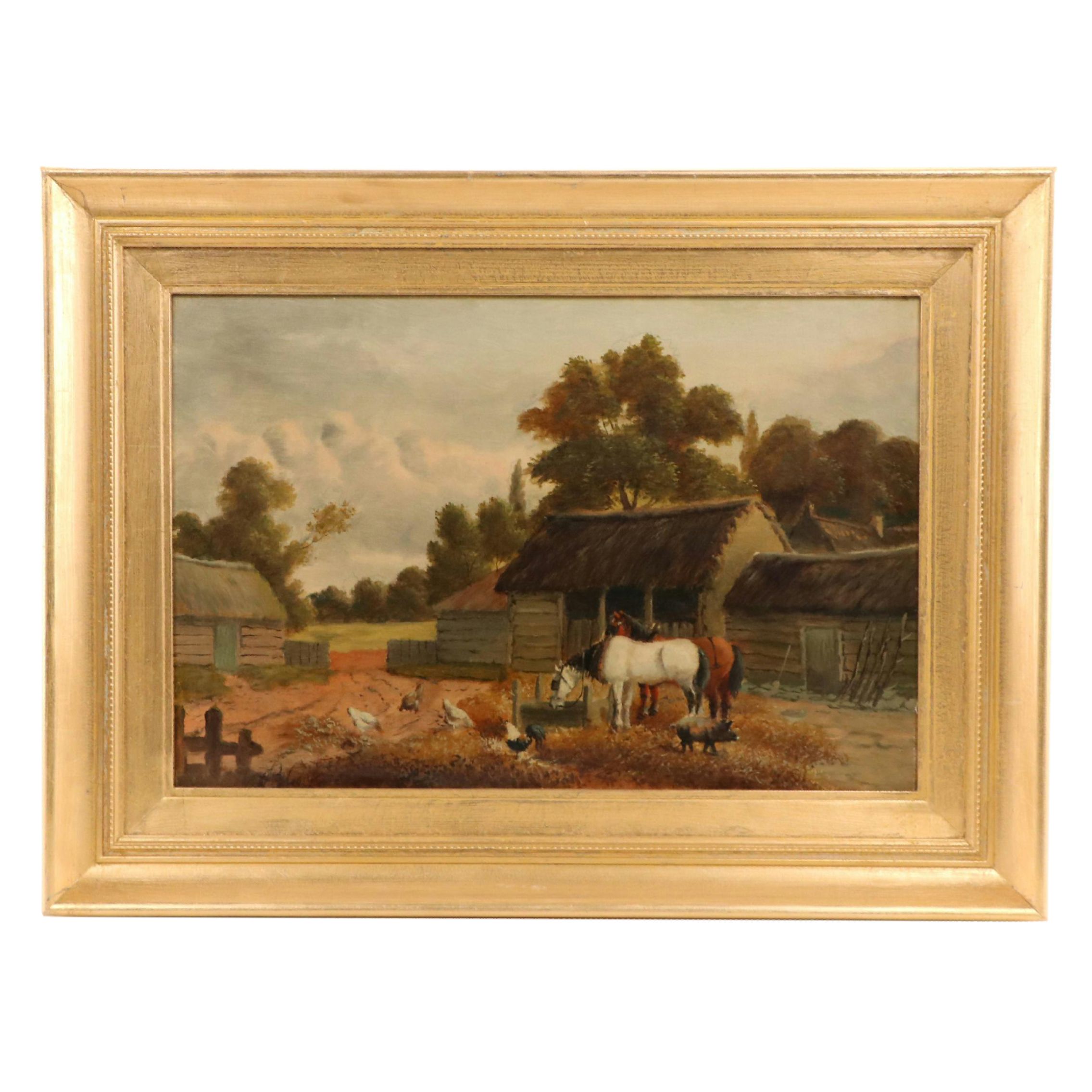 James Barham Cook Pastoral Landscape Oil Painting of Farmyard Scene