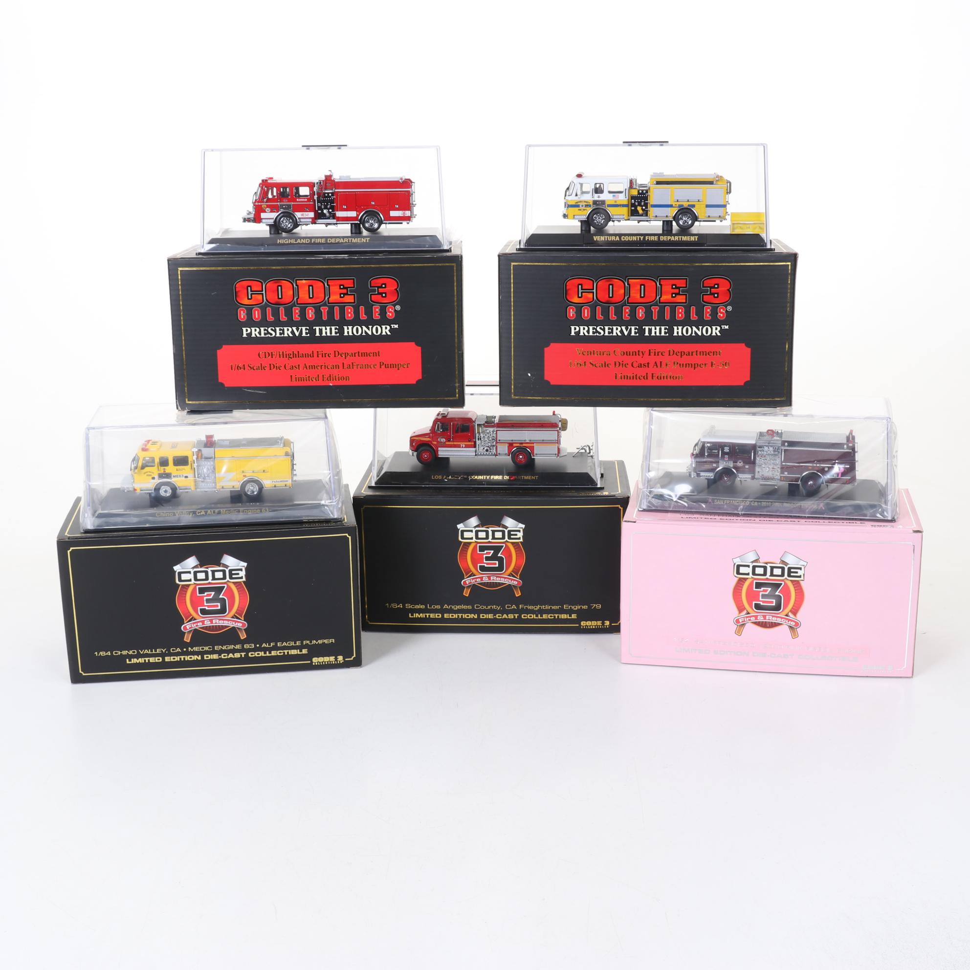 Five Code 3 Limited Edition Die Cast 1/64 Scale Fire Trucks, 21st Century