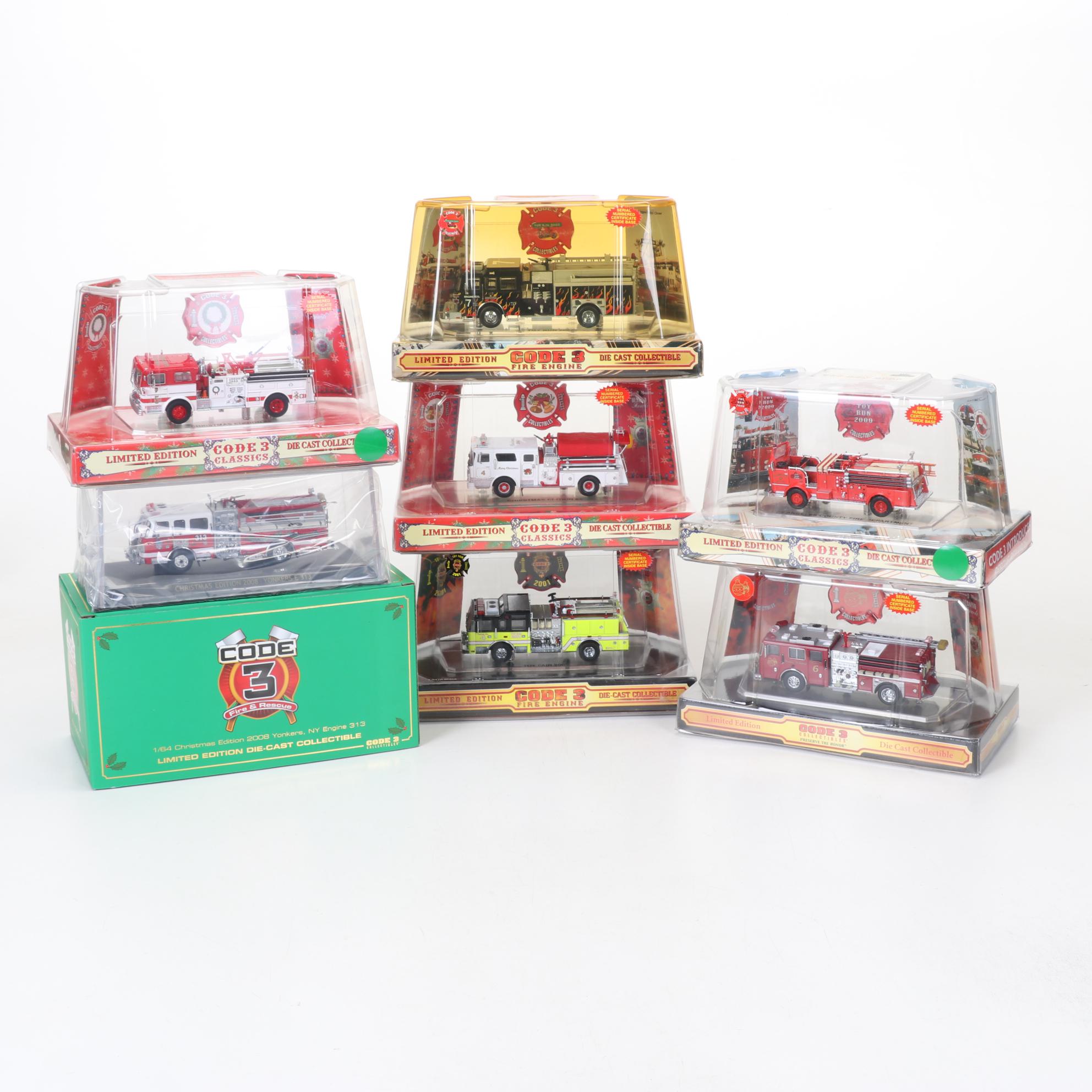 Seven Code 3 Limited Edition Die Cast 1/64 Scale Fire Trucks, 21st Century