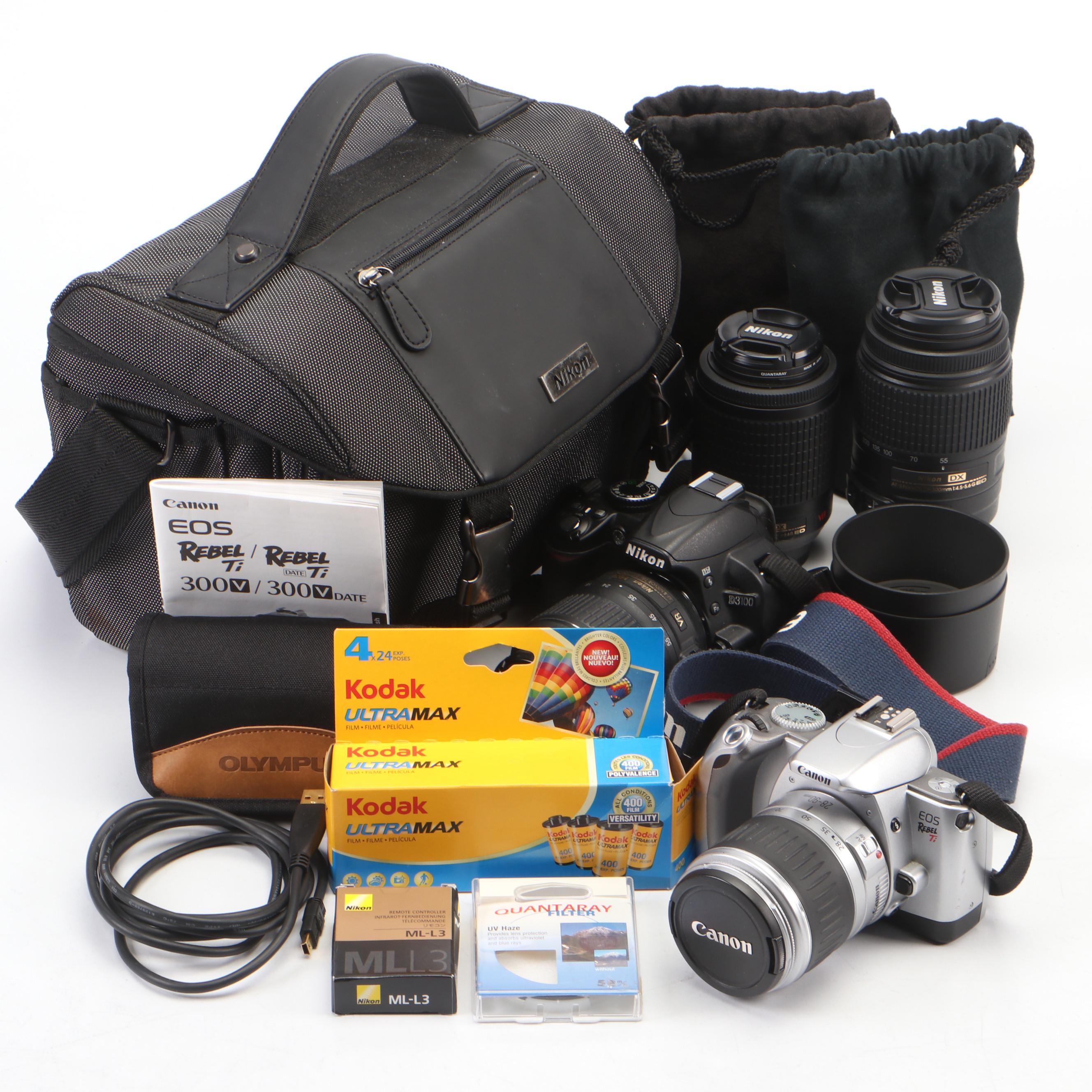 Canon EOS Rebel Ti Camera and Nikon D3100 With Accessories and Case