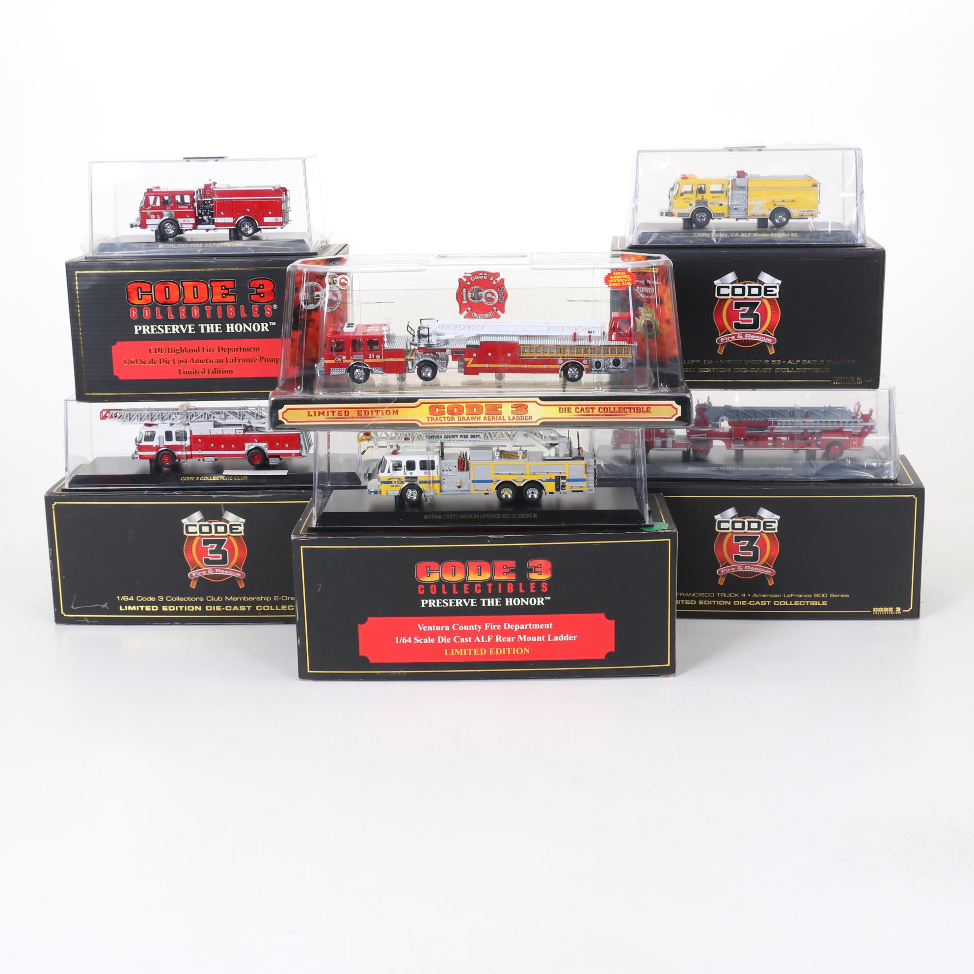 Six Code 3 Limited Edition Die Cast 1/64 Scale Fire Trucks, 21st Century