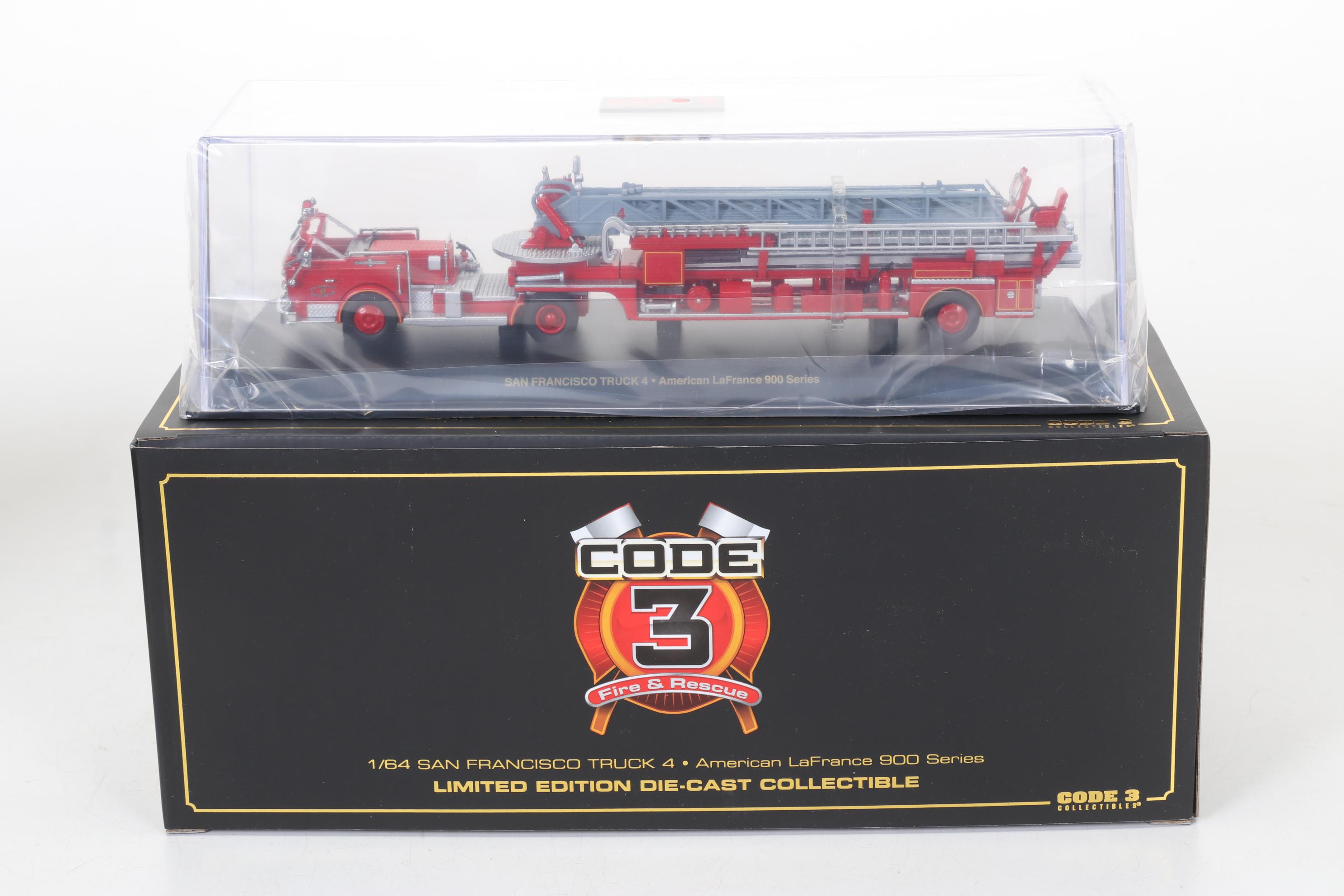 Six Code 3 Limited Edition Die Cast 1/64 Scale Fire Trucks, 21st Century