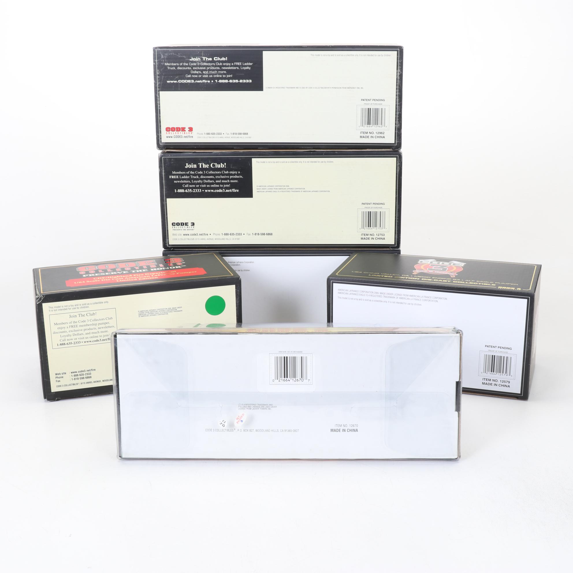 Six Code 3 Limited Edition Die Cast 1/64 Scale Fire Trucks, 21st Century