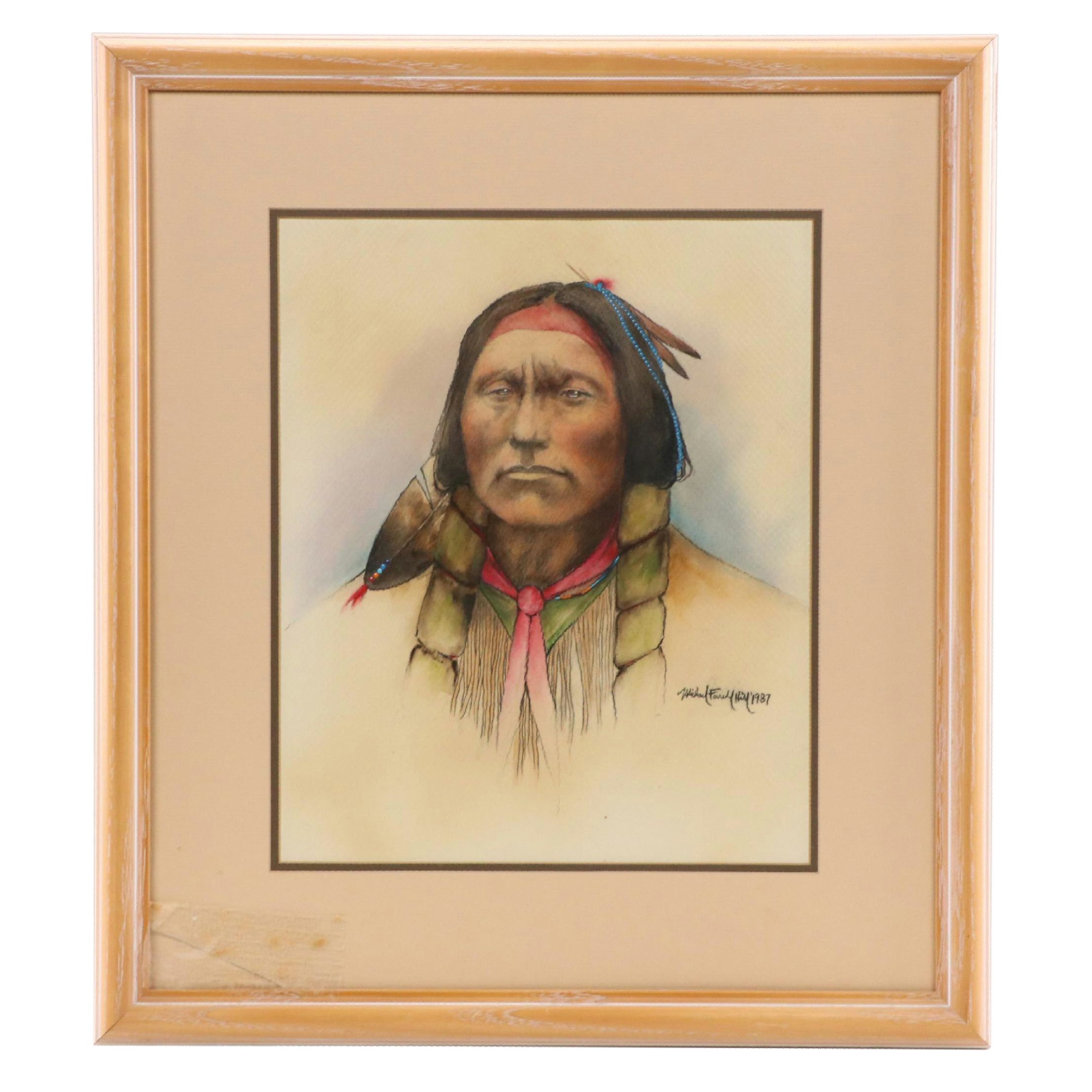 Michael Farrell Hill Native American Portrait Watercolor Painting, 1987