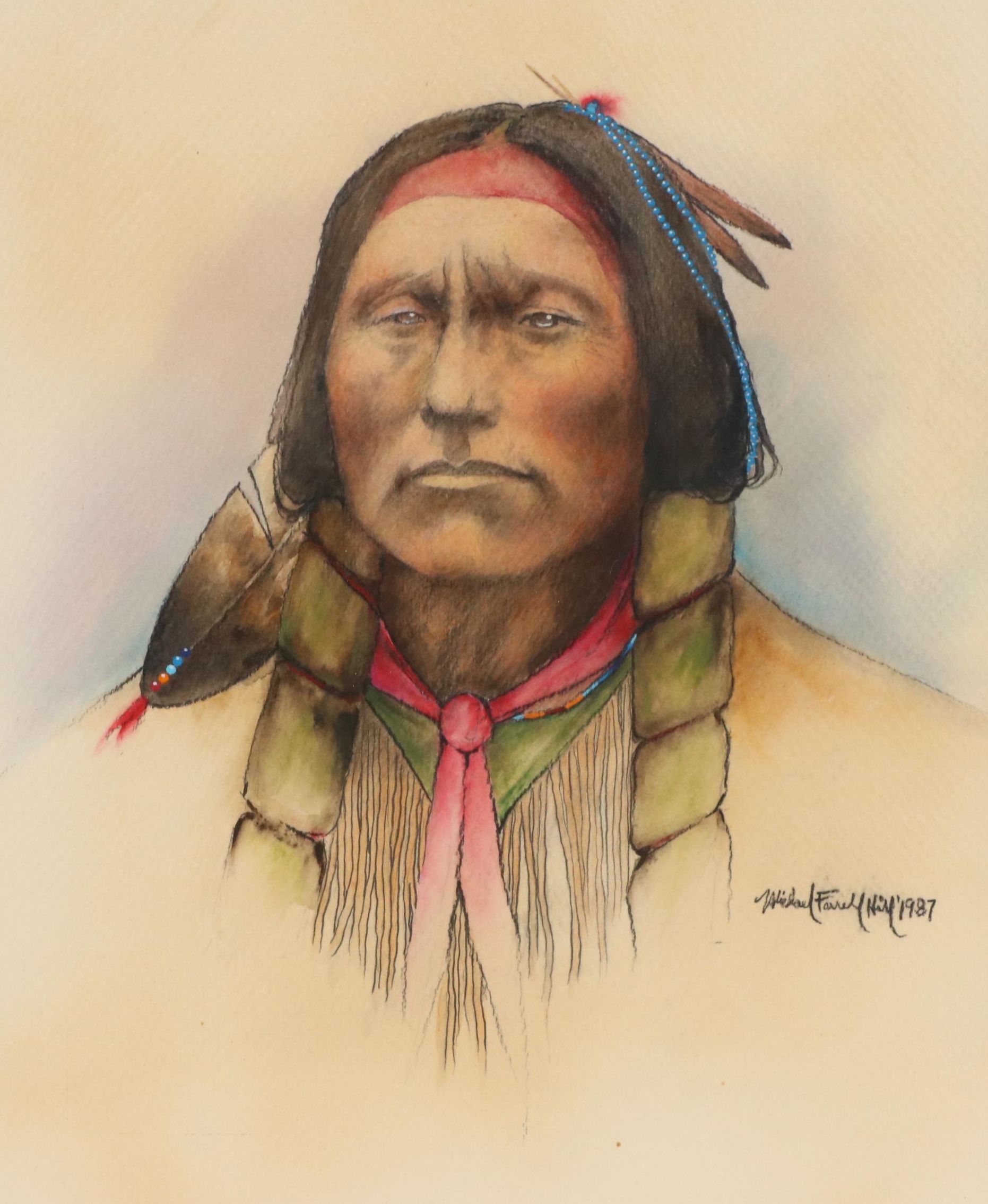 Michael Farrell Hill Native American Portrait Watercolor Painting, 1987