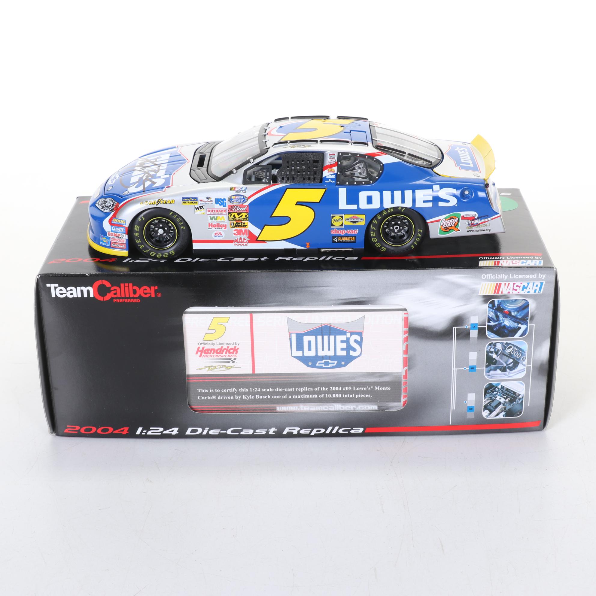 Three 1:24 Scale Die Cast NASCAR Cars Including Kyle Busch Autograph