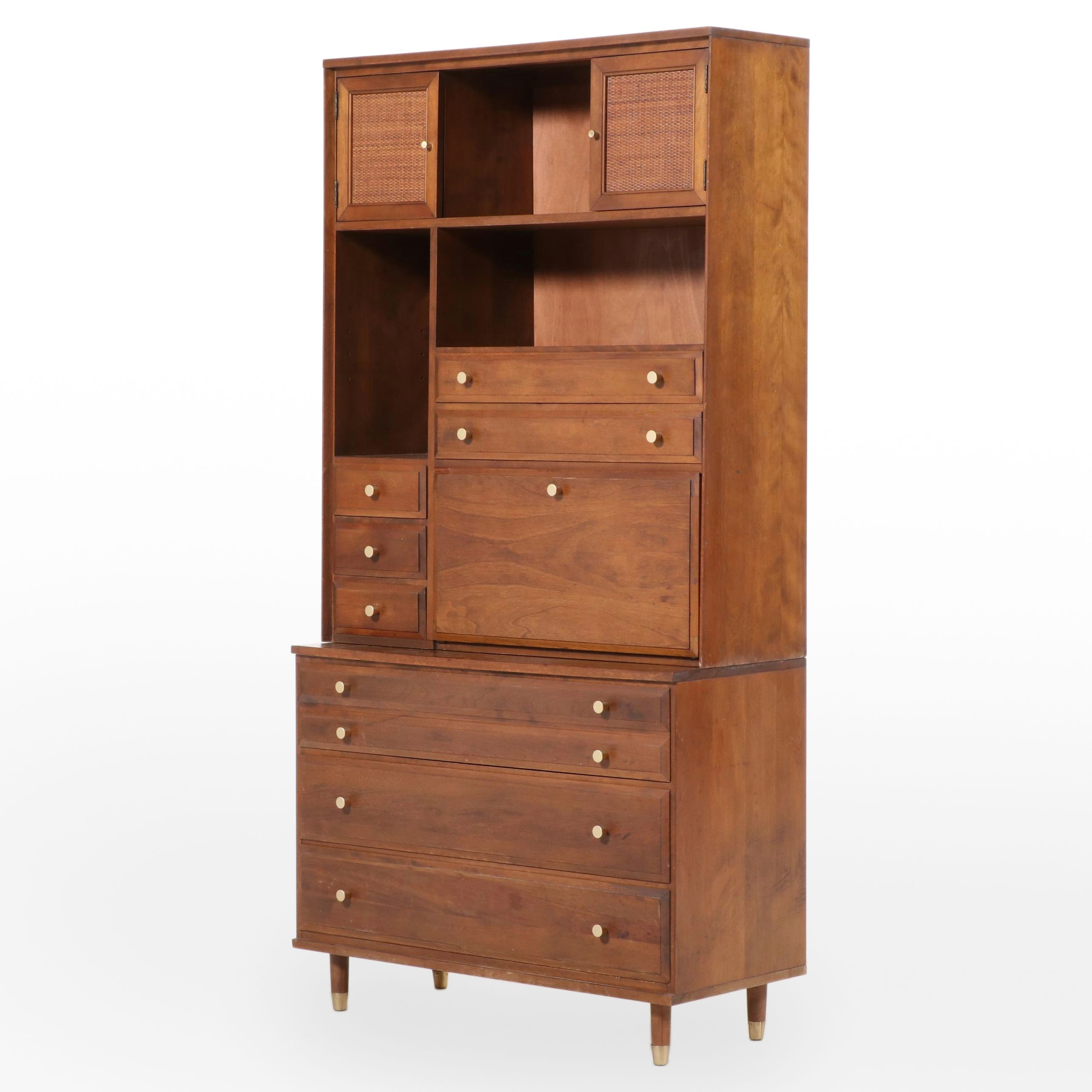 Baumritter "Roommates" Mid Century Modern Maple and Caned Secretary Bookcase