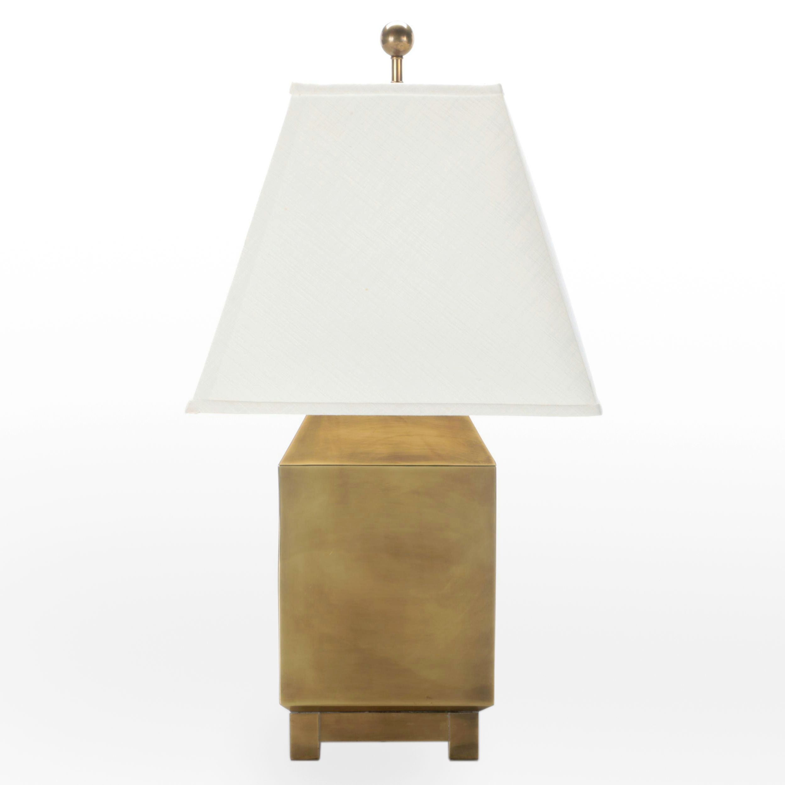 Cube Shape Brass Table Lamp with Fabric Lampshade
