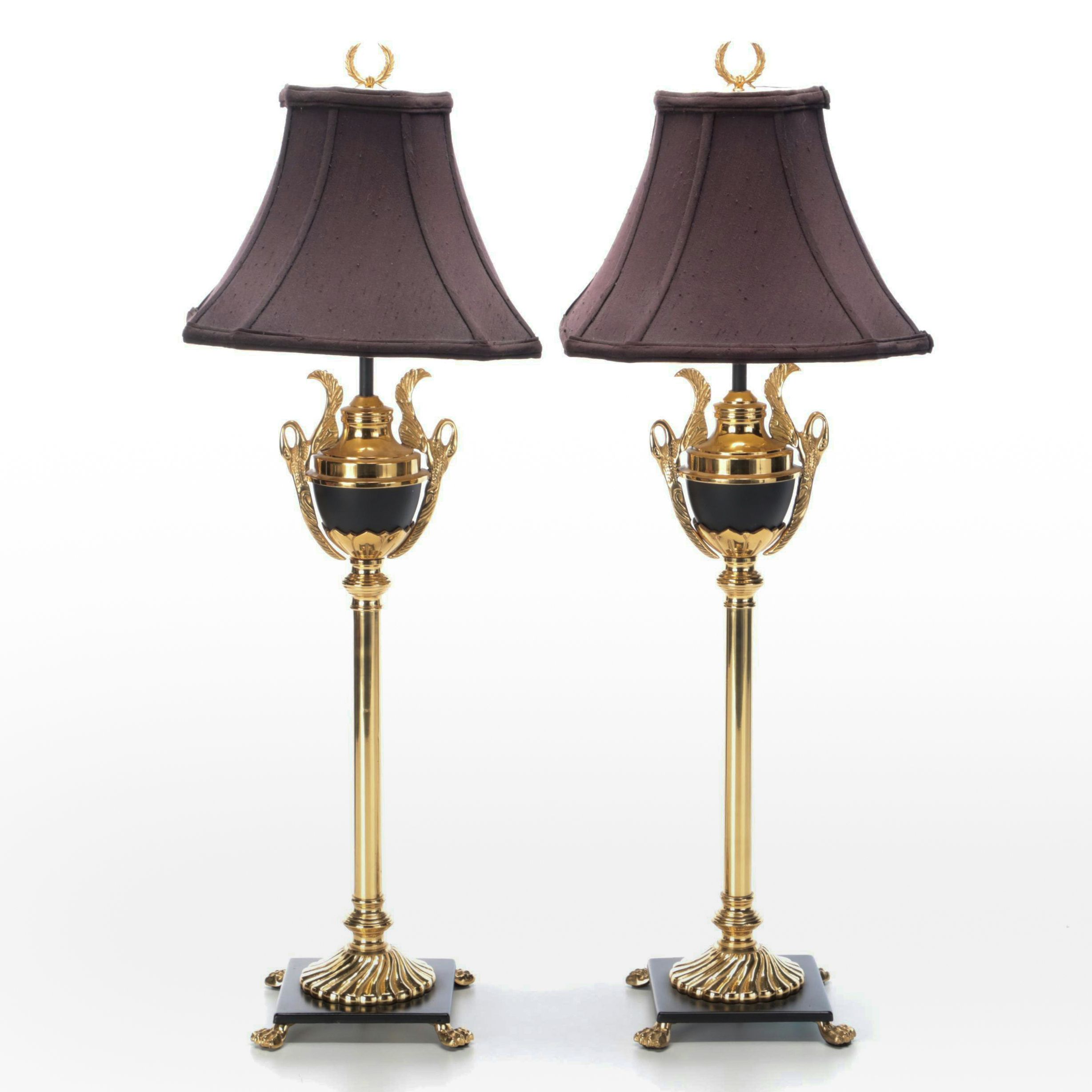 Neoclassical Style Brass Table Lamps with Laurel Leaf Motif Brass Finials